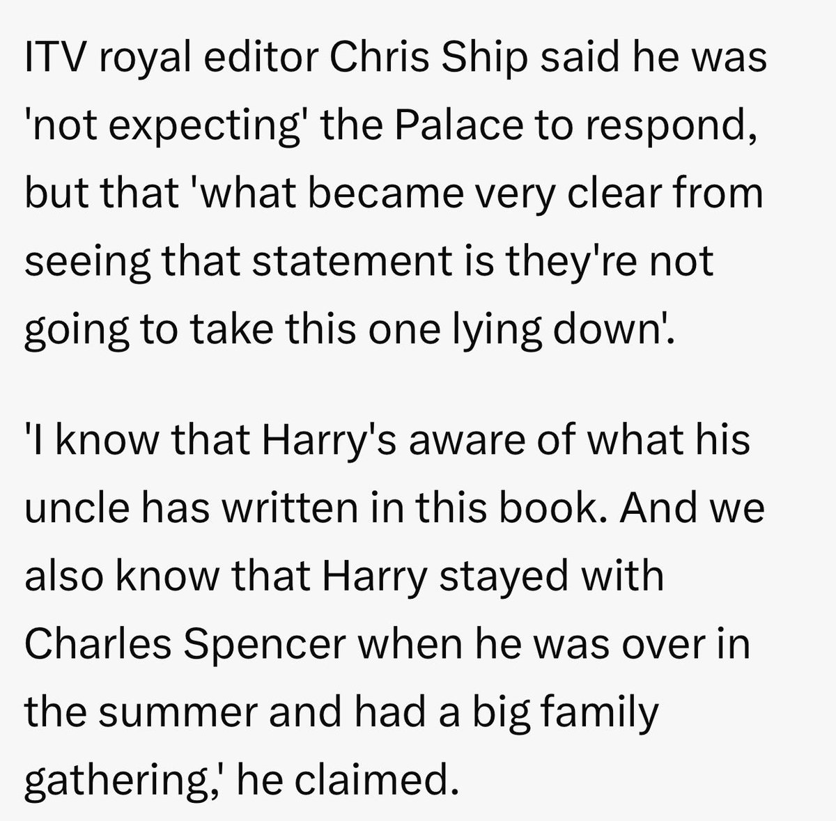 duchess_salty's tweet photo. Chris Ship has dropped Harry in the shit by admitting Harry KNEW what was in the book.
Itโs a calculated two pronged attack from Spencer and Harry who both want to damage the monarchy while lining their pockets.
#StripTheTitles and let them continue their private citizen journey.
