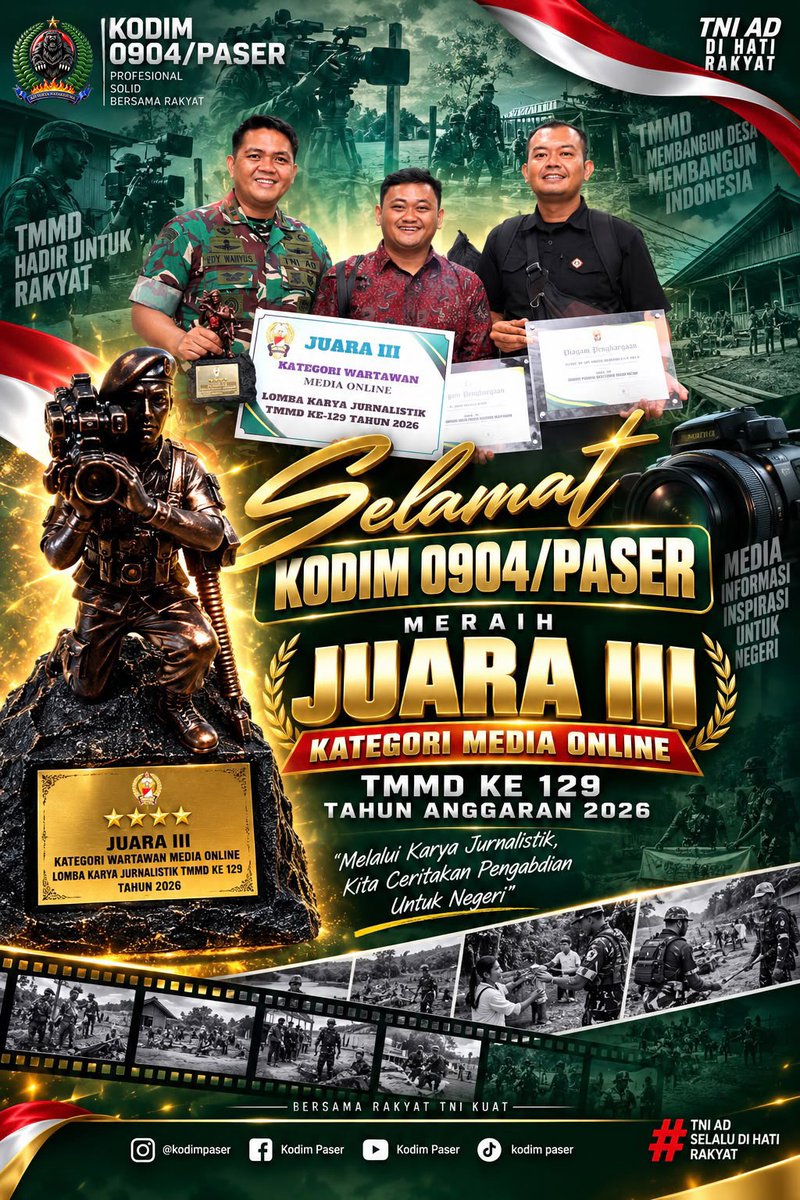Kodimpaser's tweet photo. Kodim 0904/Paser Telah Meraih Juara III Media Online Dalam Kegiatan LKJ TMMD Ke 129 

Kegiatan ini bekerjasama dengan Media Online di Paser yaitu Pusaranmedia
Ini menjadi bukti bahwa pentingnya publikasi dalam kegiatan khususnya di Satuan TNI AD. 

#tniad #mabesad #kodimpaser https://t.co/GWauyxCsTH