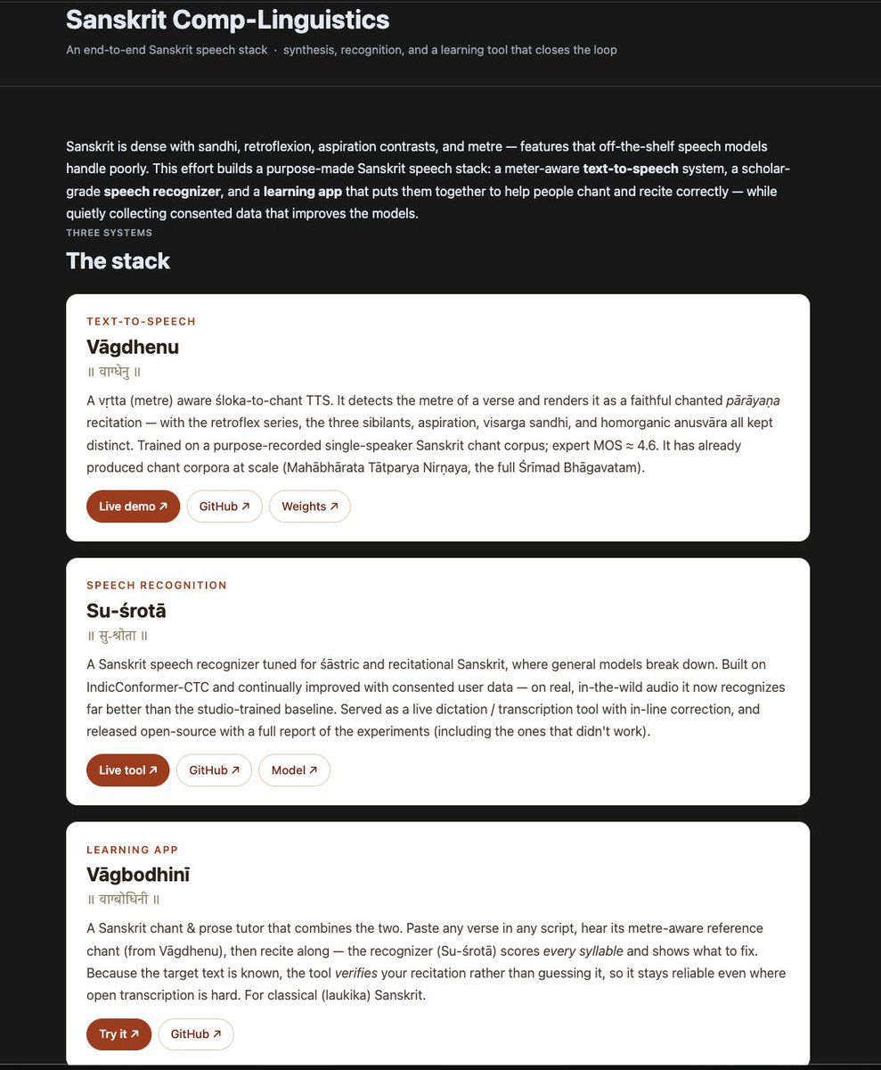 prathoshap's tweet photo. This summer, I worked on a few interesting use cases of AI for Sanskrit - a chant TTS, ASR, chant-learning feedback tool, and several apps, including Bhagavatam and Sarvamula. I just collated all of them in one place: https://t.co/H23qjXPapu. May be of interest to a few here. https://t.co/trAvj3iiY5