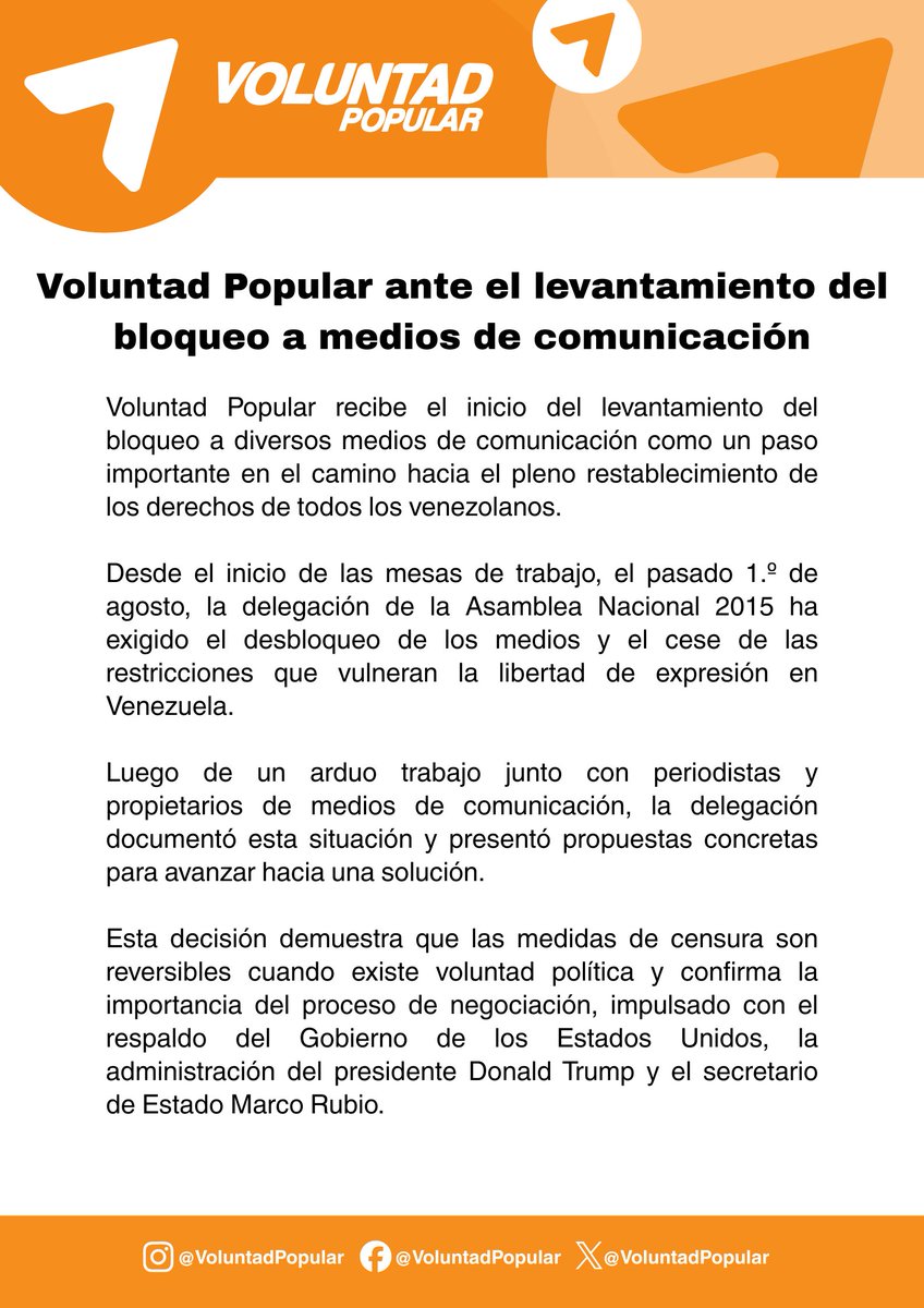 VoluntadPopular's tweet photo. Voluntad Popular recibe el inicio del levantamiento del bloqueo a diversos medios de comunicación como un paso importante en el camino hacia el pleno restablecimiento de los derechos de todos los venezolanos. https://t.co/hmF2tTycFJ