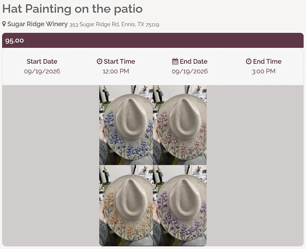 TXWineLover's tweet photo. Create your own one-of-a-kind fall hat at Sugar Ridge Winery! On Sat, Sept 19, Catena Welded Jewelry &amp; Hat Bar is hosting a hands-on hat-painting workshop at the winery. Find member events like these on the Texas Wine Lover website Guide &amp; mobile app!
https://t.co/xGeDbIoQFC https://t.co/B2p7Uo21aI