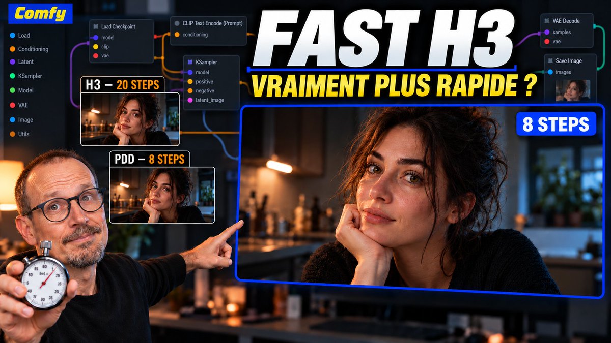 CorreiaE34's tweet photo. FastH3 V2 promet d’accélérer MiniMax H3 avec seulement 8 étapes. Mais qu’en est-il réellement de la qualité ?

Je l’ai comparé à H3 Base en 20 étapes et à PDD en 8 étapes dans ComfyUI : vitesse, image, mouvements et audio.

🎬 https://t.co/g6S3umzL8N

#ComfyUI #FastH3 #MiniMaxH3 https://t.co/BqGEGwyc6V