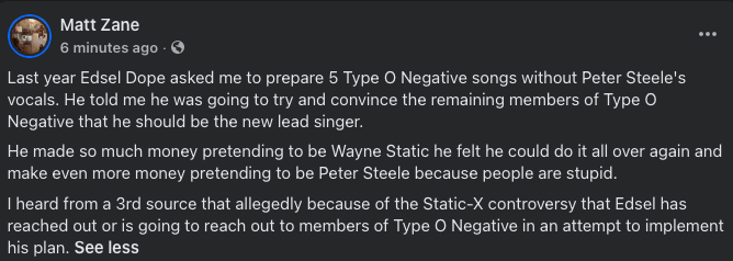 LordZane's tweet photo. Last year Edsel Dope asked me to prepare 5 Type O Negative songs without Peter Steele's vocals. He told me he was going to try and convince the remaining members of Type O Negative that he should be the new lead singer. https://t.co/FVjhccEhbt