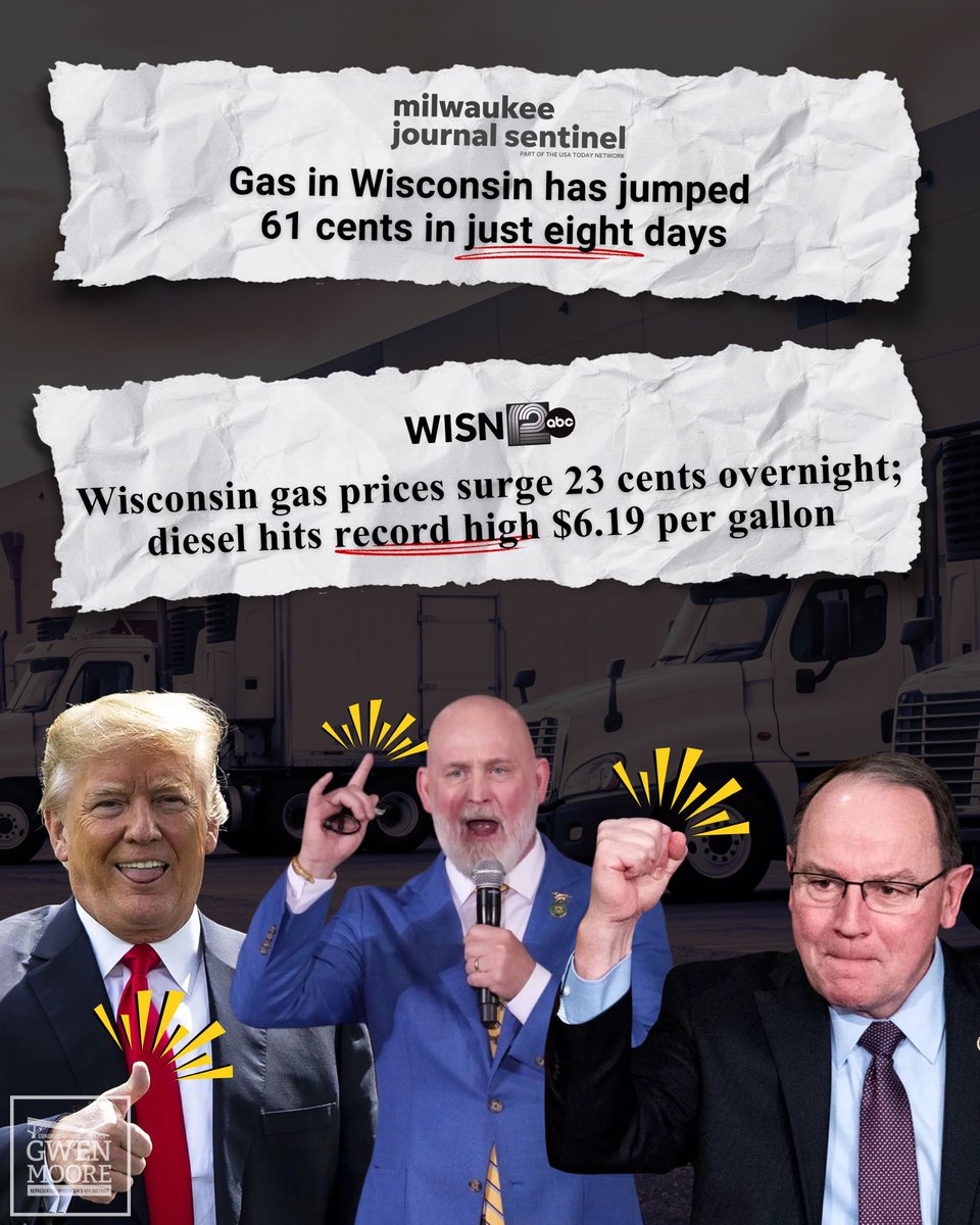 RepGwenMoore's tweet photo. $37 BILLION of our money has been spent on Trump’s war of choice in the Middle East, and all we have to show for it is skyrocketing and record-breaking fuel prices. https://t.co/ArWBIe1sUM