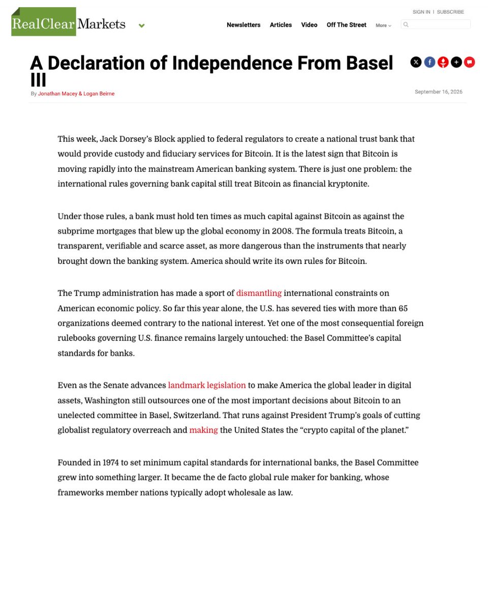 LoganBeirne's tweet photo. Congress may be stalled. American regulators don’t have to be. 
The U.S. can, and should, write its own bank-capital rules for Bitcoin. @JonathanMacey and I in @rc_markets: “A Declaration of Independence From Basel III” https://t.co/iNrBumhd5M