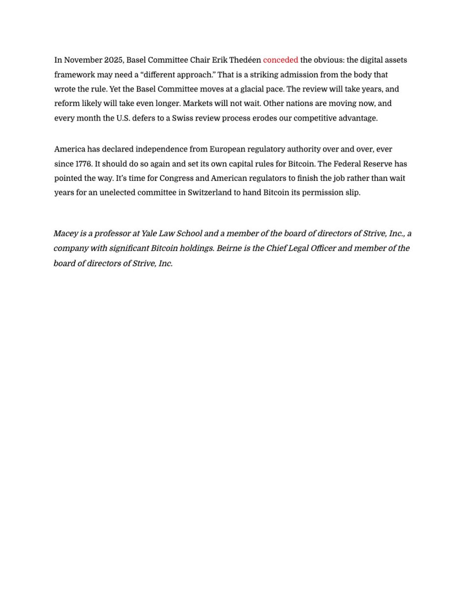 LoganBeirne's tweet photo. Congress may be stalled. American regulators don’t have to be. 
The U.S. can, and should, write its own bank-capital rules for Bitcoin. @JonathanMacey and I in @rc_markets: “A Declaration of Independence From Basel III” https://t.co/iNrBumhd5M