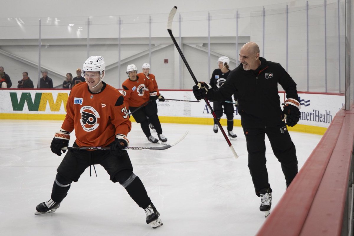 TheLibertyYell's tweet photo. Get you someone who looks at you the way that Rick Tocchet looks at 2026 Training Camp Matvei Michkov https://t.co/KOtGTx4sNV