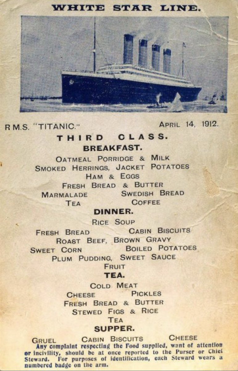 BrianRoemmele's tweet photo. The only third class breakfast surviving menu of the Titanic.

We have such a warped view of what 3 class food was. https://t.co/UKhHpKddUI