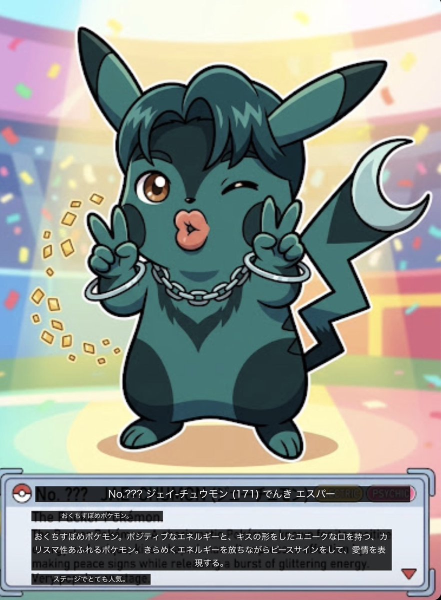 winonarara's tweet photo. Geminiにジェチャン君をポケモンにしてもらったらこうなったよ。
その名はジェーチュモン！
キスの形をした口を持つって😄
可愛い〜💚

#ジェチャン #재찬 #JAECHAN https://t.co/SC2dWlVoFQ