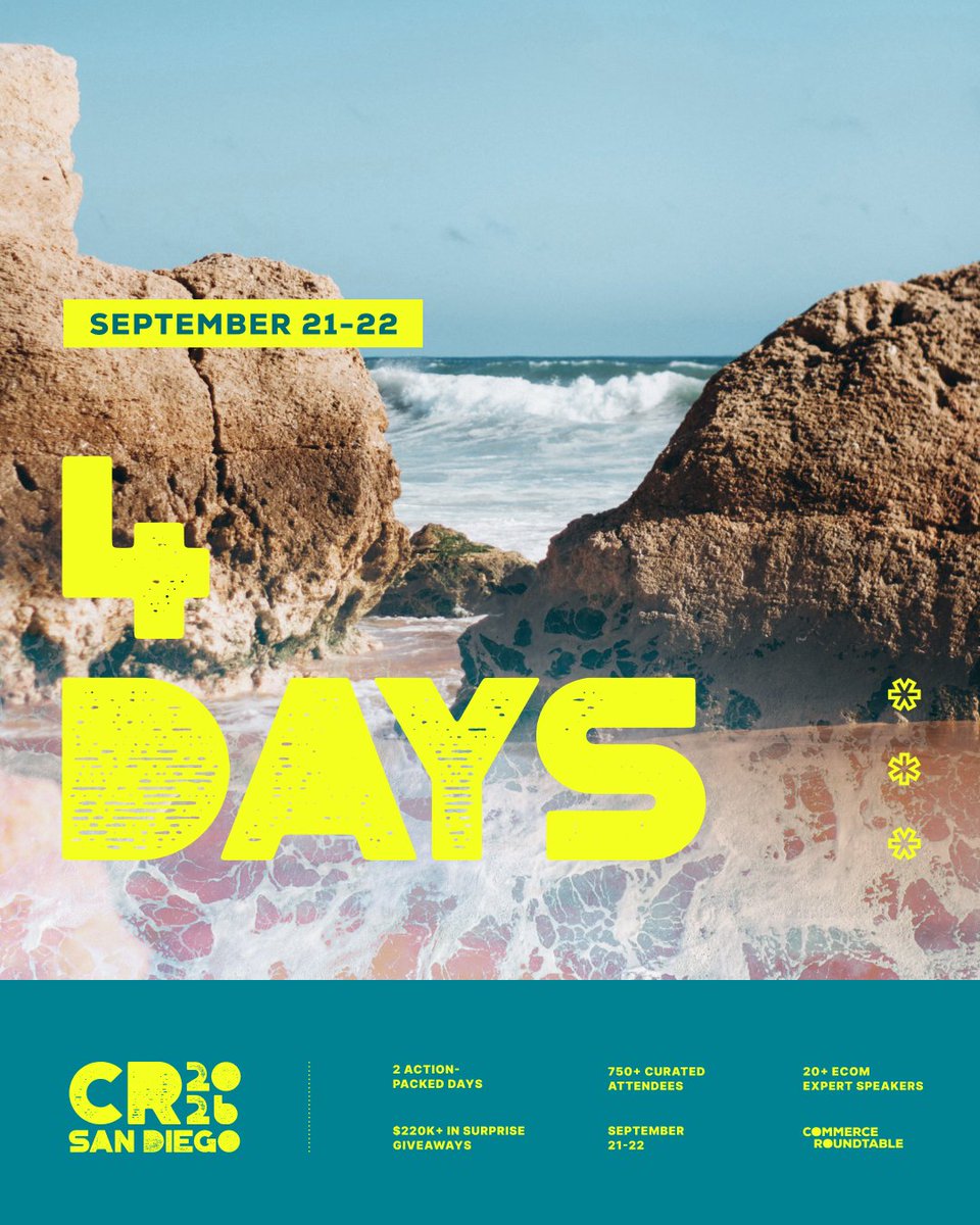 jimmykim's tweet photo. FINAL CALL: We are officially 4 days from Commerce Roundtable San Diego! 

4 days before you get to network and connect IRL with folks you’ve been talking on the internet with!

On Sept 21-22, we're bringing together 750 people to nerd out together about all things DTC and ecommerce.

People are traveling all around the world (literally) for: 

- 2 Days of actionable content via educational keynotes by 18 amazing speakers who are in the trenches led by @iamshackelford 

- A unique experience right on the water, the entire day , designed for networking and learning      

- The BEST (hands down, guaranteed) food that you can have as much as you want!      

- $220,000 of on stage giveways happening all day every day (F1 Trip, Hawaii vacations, Apple products, Pizza Ovens, Caraway, iRestore, Meta Glasses and much more)   

- A constant stream of snacks, coffee, tea and drinks

- A live DJ set by our very own DTC Founder DJ with open bar (alcoholic and alternative) + sunset vibes   

 - Plenty of afterparties hosted by our amazing sponsors (dinners, happy hours, experiences, etc) all 3 nights       

Who are these amazing speakers? Here's who's coming to share education led, tactical, practical, real examples and how to frameworks:

Christian Toetzke, HYROX
@ezrafirestone, oVertone
@TaylorHoliday, Common Thread Collective       
Evin Catlett, Skull Candy
@jordanmenard, Gravity AI    
 Eric Venn-Watson, MD, Seraphina Therapeutics
@ChereneAubert, Growth Capital      
Abdurahim Shodmonov, Primal Queen
@EricRausch, New Standard
@jacob_posel, Indigo AI       
Devyn Pukteris, Sweat Pants Agency
@Melanie_Balke, The Email Marketers
@bryandstarck, Customer Conversations
@spencepawliw, Evolve Meta
@RytisLauris, Omnisend
@jordantwestecom, Social Commerce Club         
Kyle Yeoman, Groove Life
@ecomchasedimond, eCom Email Marketer
@voids_jannik, Voids AI
@itslukeaustin, Common Thread Collective
@BrettCurry, OMG Commerce
@alexrudolphh & @TylerBrechbiel, TBAR        
Umar Shaikh, Nest Marketing

PLUS: Special live streaming happening all day via
@ecommcowboy ( @chrisukhall & @colindougherty)

And special on site pod recordings by @CommnThreadCo 

Don’t miss out on the community event of the year!

Beautiful sun, great people, great content, and great food.. it’s gonna be a great time.

We are down to our final tickets now...

And it's not too late to grab a ticket today.  

Go learn more at https://t.co/ucsL7usehH  

We’ll see you in San Diego! 🫡
