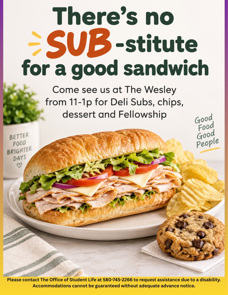 SEOSL's tweet photo. There's no sub-stitute for a good sandwich. Come see us at The Wesley from 11M AM-1 PM for deli subs, chips, dessert, and fellowship. Good food, good people.

#RiseHere #GoStorm #SESpirit #SEVibe #GoSoutheastern #SELegacy #TakeCover #okhigheredworks #SeriousySE #TexomasUniversity https://t.co/9gw9wsqSXH