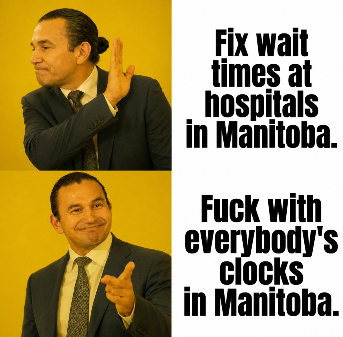 ManitobaMike204's tweet photo. A woman in Winnipeg died  waiting 12 hours at St Boniface hospital due to space shortages, but putting on a publicity stunt and getting rid of DST is more important. https://t.co/O7jvdZYDPY
