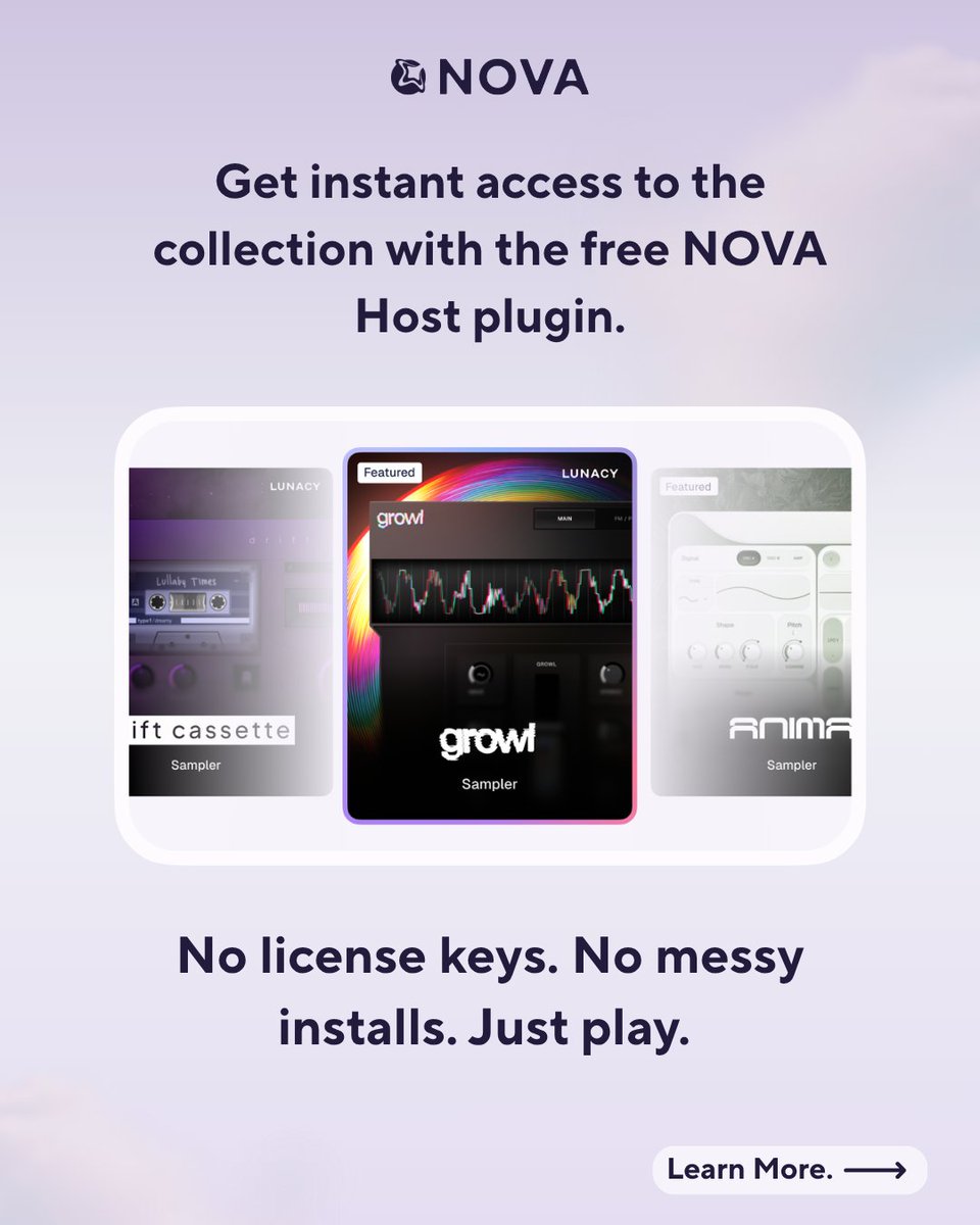 LunacyAudio's tweet photo. After two years of dreaming, developing, and building... NOVA, is finally here.

A growing library of instruments that live in the cloud and work seamlessly between your DAW and browser.

No license keys. No messy installs. Just play.

Try NOVA for free.  Link in our bio. https://t.co/oa8INBqmdL