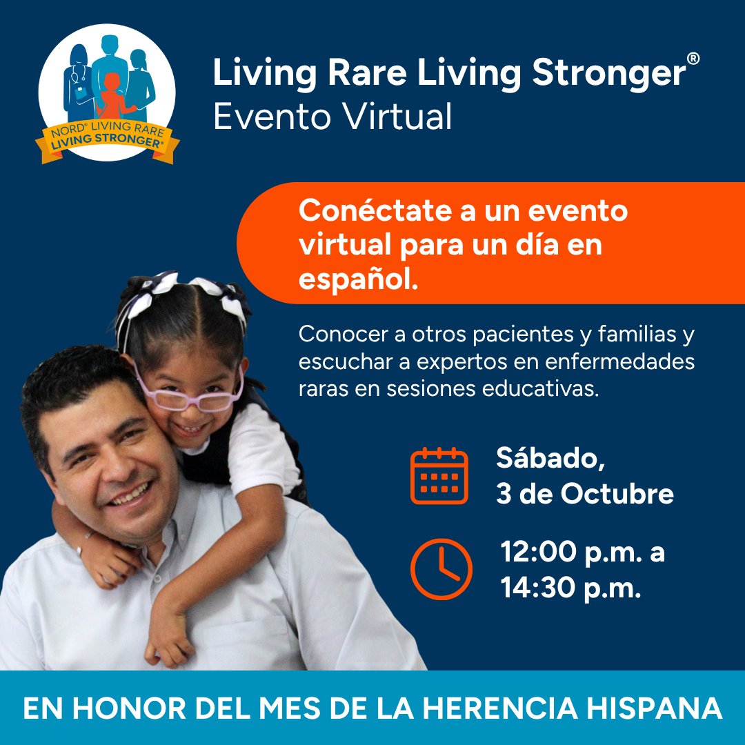 Living Rare, Living Stronger Evento Virtual.
Fecha: sábado, 3 de octubre de 2026
Ubicación: Zoom (este es un evento virtual, no hay opción en persona)
Horario: 12:00 a 14:30 ET