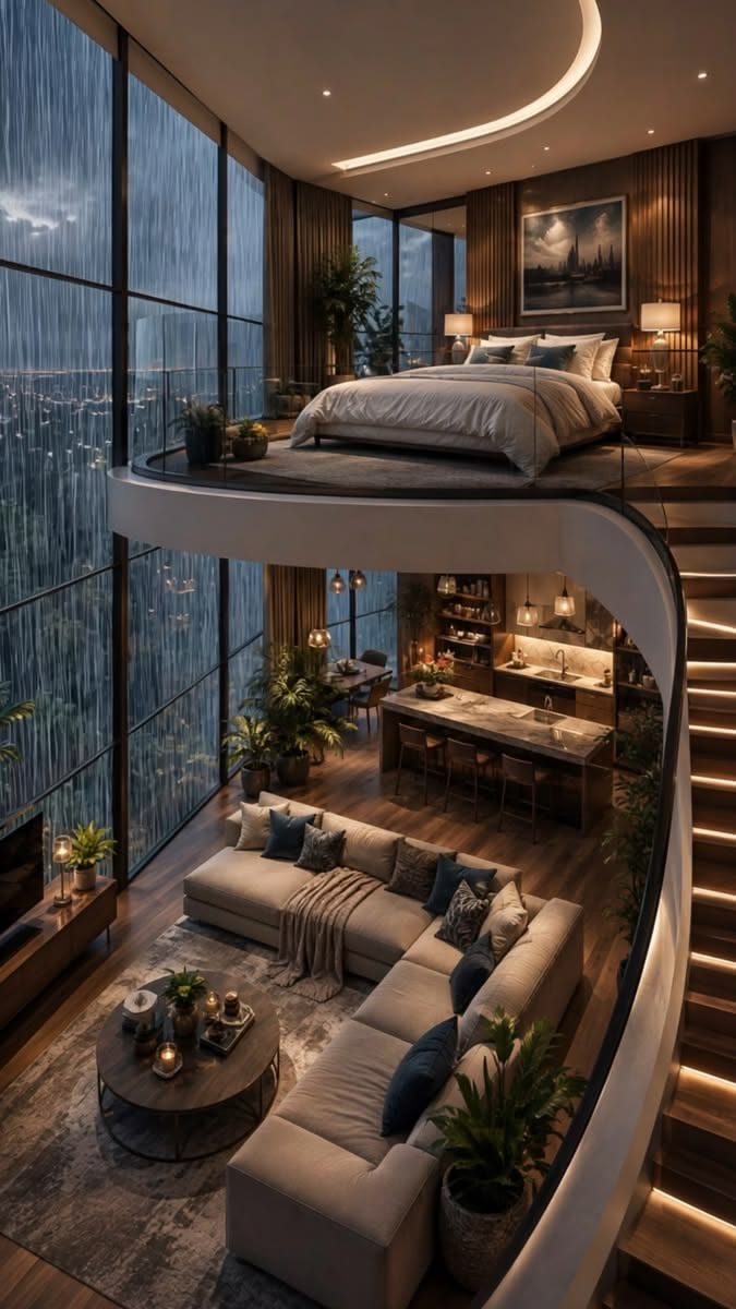 HOUSEPORN___'s tweet photo. falling asleep to rain hitting glass two storeys tall, with nowhere to be tomorrow 😪 https://t.co/W6pMPXZTQ6