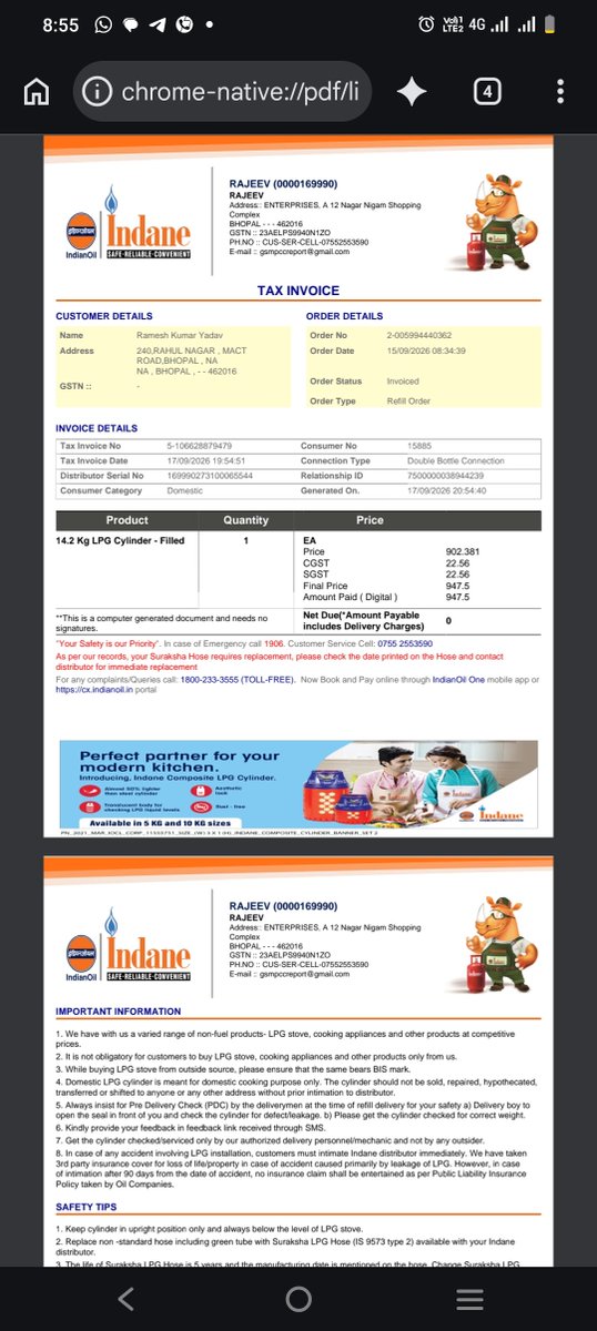 y_const_BPL's tweet photo. @IndianOilcl 

इनवॉइस जनरेट होने पर भी गैस डीलर द्वारा रिफिल नहीं दिया जा रहा है क्यों ?? https://t.co/Ts5IrdpBMd