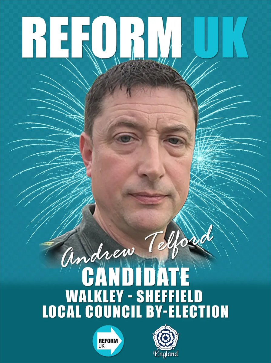 Verbal_Vortex's tweet photo. Andrew Telford has a slim chance, as it is a very strong Labour seat. I just hope the voters see what we see, a good and honourable man, Andy is: an ex-veteran Royal Corps of Signals, works with the ambulance service, and business owner.

Good luck, Andy! We all hope you can secure an unexpected gain for Reform.🤞🗳️