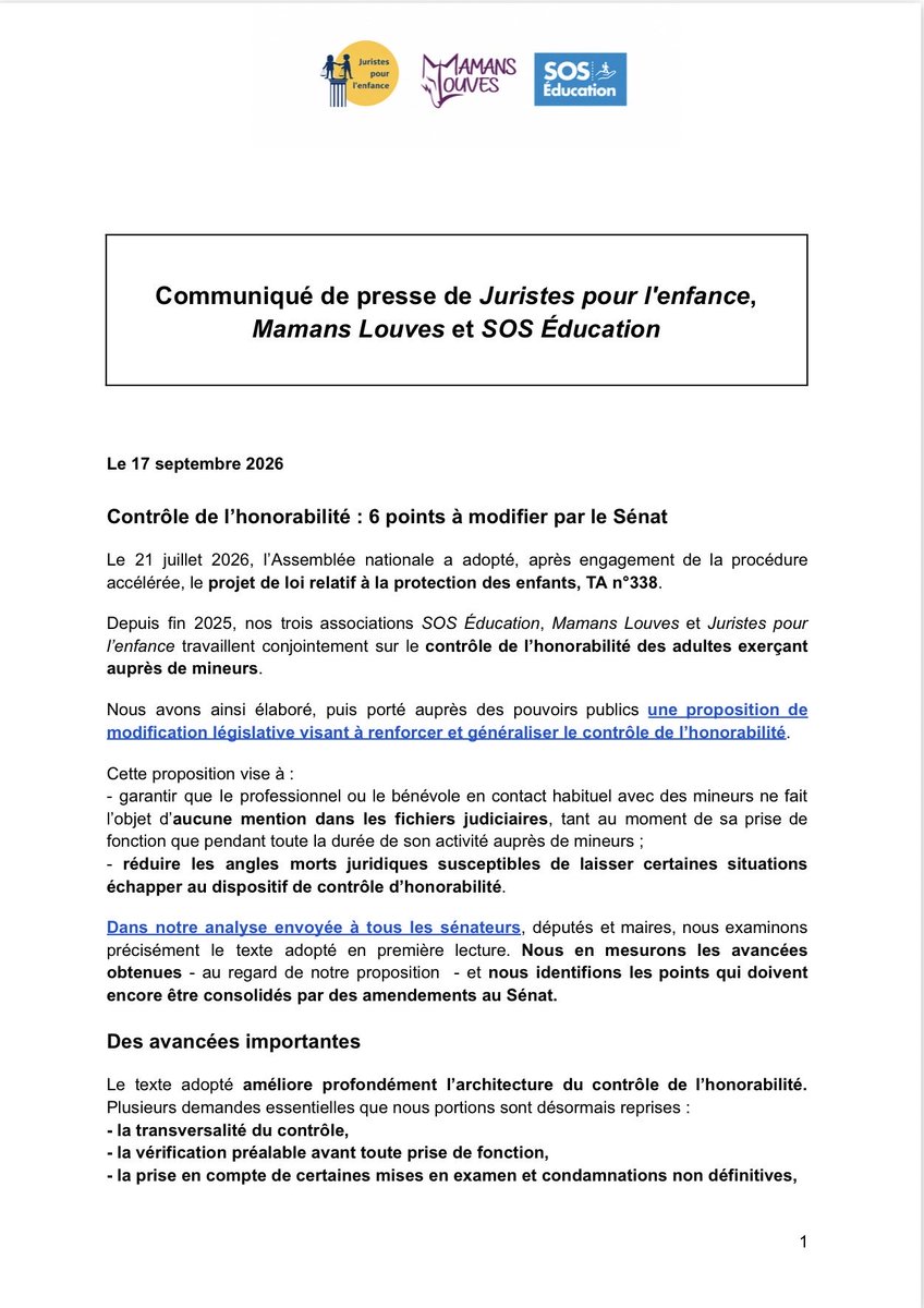 MamansLouves's tweet photo. 📣 🚨Les prédateurs sexuels sont partout où se trouvent les enfants. Empêchons que les prédateurs connus puissent les approcher.

🚸En France les animateurs périscolaire auteurs d’agressions sexuelles sur mineur pullulent dans les établissement scolaires.

⚖️Sans surprise vu le message que leur donne la justice française à chaque jugement : « allez-y vous ne risquez rien à briser des petits »

✋🏻Face à ce désastre nous avons choisi d’agir ensemble avec @JuristePLE et @soseducation.

❗️Nous avons travaillé d’arrache pieds pour faire en sorte que le contrôle de l’honorabilité des adultes constitue un véritable outil de prévention et de protection des mineurs, sans laisser subsister d’angles morts dans son application.

🗓️Le texte arrive bientôt au sénat, nous avons transmis aux sénateurs les 6 priorités à défendre pour que le dispositif soit réellement protecteur pour les enfants.

🔍Consultez notre synthèse ici :
https://t.co/zKTkU4flPG