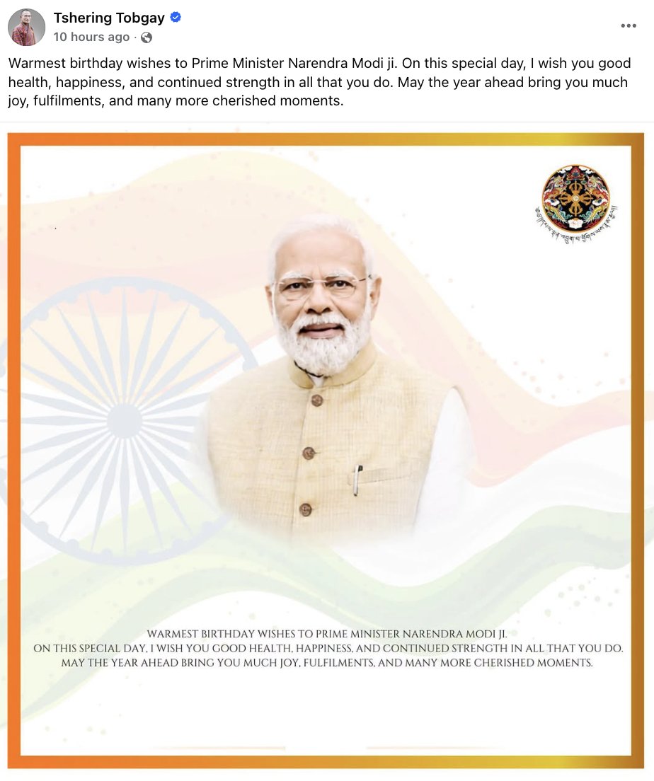 narendramodi's tweet photo. Thank you, Prime Minister Tobgay, for your warm wishes and kind words. I deeply cherish your greetings and sentiments.

@tsheringtobgay https://t.co/Yg1J23RVbE