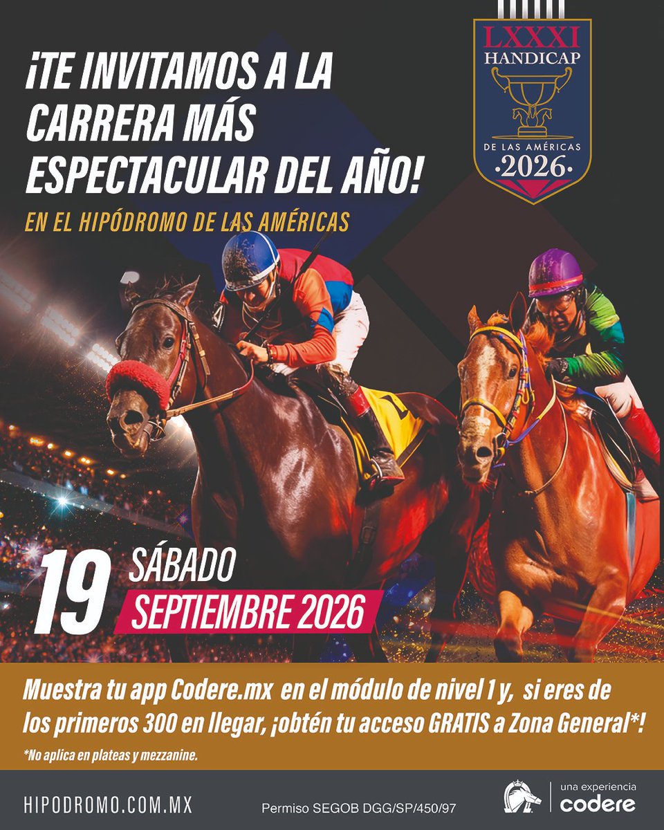 CodereMX's tweet photo. 🐴🏆 ¡La carrera más espectacular!

Te invitamos a vivir el evento más emocionante de la temporada en el @hipodromomex, con música en vivo, concursos y ambiente familiar este 19 de septiembre.

¡No falten sobrinos! 😎🔥 https://t.co/MRRVZ5zzNd