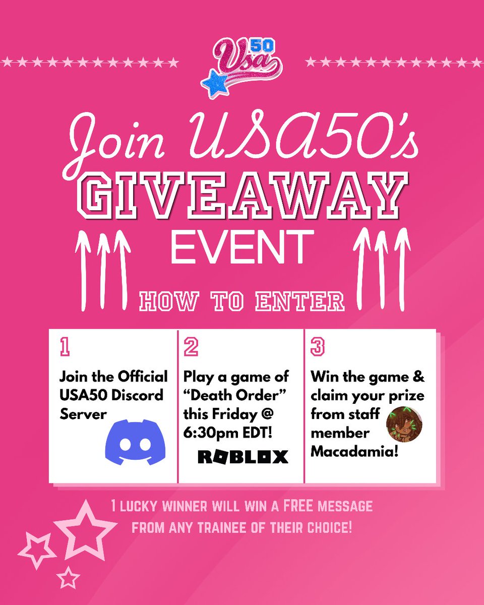 USA50Official's tweet photo. 【 WINNER TAKES ALL】
-`♡´- ============= -`♡´-
USA50 is hosting a server wide competition with the prize being 1 FREE message of your choice from any of our trainees. Join our official discord! Let’s see who comes out on top! 
LINK: https://t.co/9IjR8nvyp7
Details in the image https://t.co/9HFaG8vutI