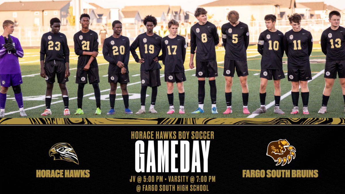 HoraceHSSoccer's tweet photo. ⚽️ GAMEDAY ⚽️

The Hawks are on the road tonight to face the EDC's top-ranked Fargo South Bruins.
🕔 JV | 5:00 PM
🕖 Varsity | 7:00 PM
Big challenge. Big opportunity. Let's go Hawks! 🦅💙
#HawkPride #HoraceHawks #EDCSoccer https://t.co/5619V8V9FG