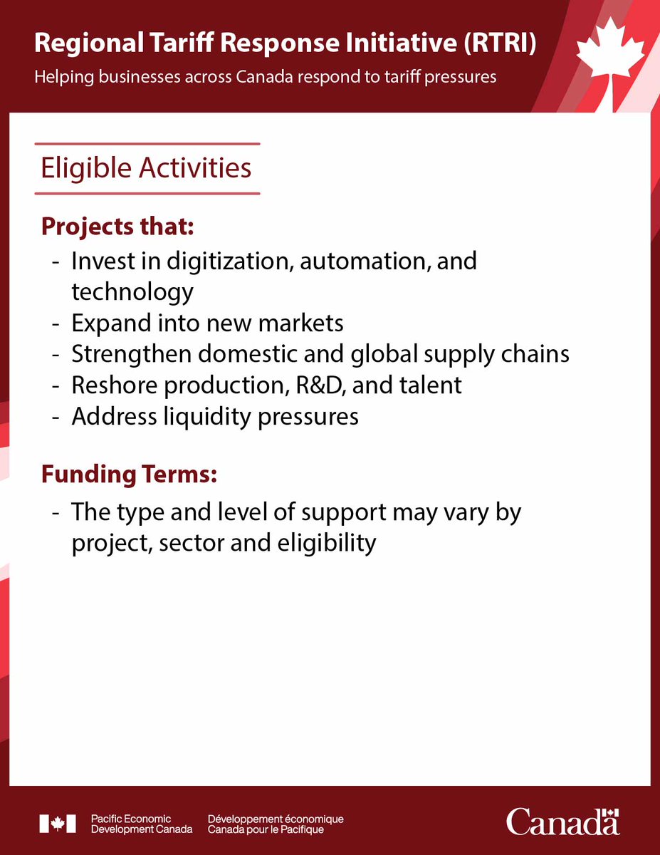 PacifiCanEN's tweet photo. Delivered in B.C. by PacifiCan, RTRI helps businesses adapt to changing market conditions, provide liquidity support, strengthen competitiveness, diversify into new markets, and build greater trade resilience.

Learn more: https://t.co/1kPY9nPDHD

#RTRI #GC #CanadaStrong https://t.co/9fXIZDtqvH