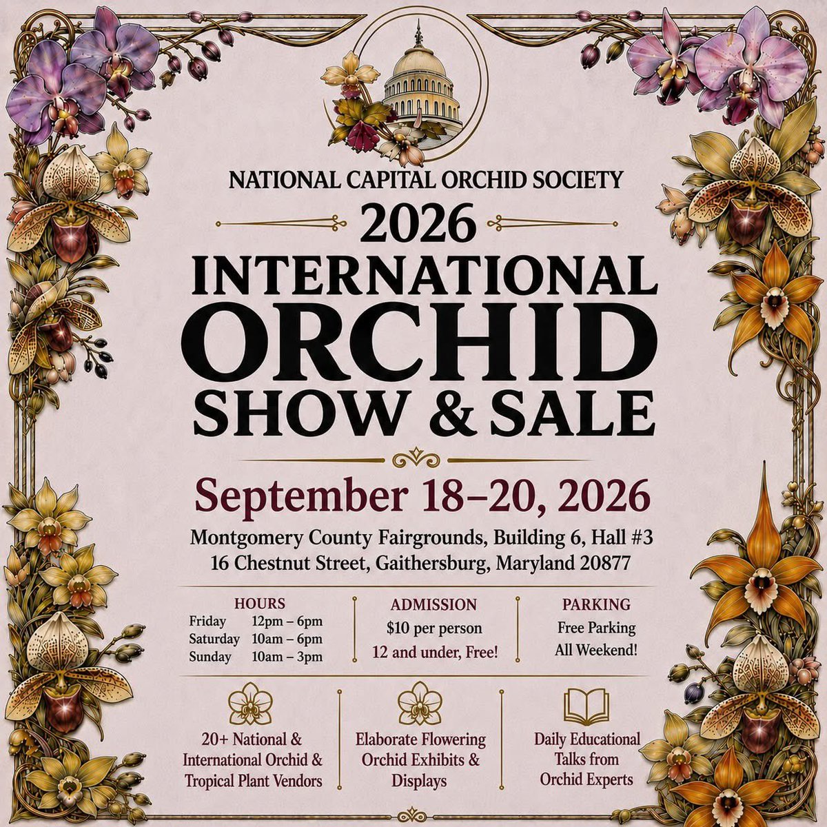 MOCOFAIR's tweet photo. 🌸 Happening at the Fairgrounds this weekend!

The 2026 International Orchid Show &amp; Sale is here Sept. 18–20! 🌺 Explore beautiful displays, shop 20+ orchid &amp; tropical plant vendors, and hear from orchid experts.
 
Info: ihttps://ncos.us/upcoming-events/ncos-show-sale/

#MoCoFair https://t.co/jBYyjXLf44