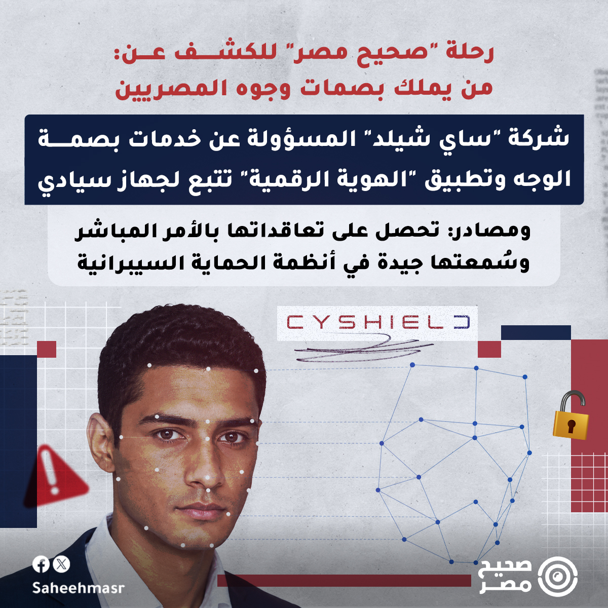 SaheehMasr's tweet photo. 🔴 في أغسطس الماضي، تلقى جهاز تنظيم الاتصالات شكاوى من مواطنين اكتشفوا تسجيل خطوط محمول بأسمائهم وبياناتهم الشخصية دون علمهم، واستخدامها من قبل أشخاص مجهولين؛ ليقرر الجهاز سريعًا الاعتما�� على بيانات بصمة الوجه البيومترية في محاولة لمنع أي تلاعبات في تسجيل الخطوط.

◾️وأولى خطوات التنفيذ بدأت من قرار الجهاز بتولي شركة "ساي شيلد"، المتخصصة في الحلول الرقمية، تطوير منظومة للتحقق من بصمات الوجوه البيومترية والتوقيعات الإلكترونية، عبر تطبيقات شركات المحمول الأربع.

⚠️ تولّي شركة خاصة مسؤولية منظومة بصمات وجوه المصريين دفع "صحيح مصر" إلى أن تبدأ رحلة بحثية للكشف عن خلفيتها ومن يملكها؟ ليكشف البحث أن الشركة لديها سجلًا واسعًا من التعاقدات مع جهات حكومية.

◾️غير أن هذه الثقة الحكومية -وفقًا لثلاثة مصادر تعمل في مجال الحماية السيبرانية، من ب��نهم موظف سابق في الشركة- ليست من فراغ؛ إذ تتبع "ساي شيلد" لأحد "الأجهزة الأمنية السيادية".

◾️وتروّج الشركة لعملها باعتبارها "توفر نظامًا للأمن السيبراني تم تصميمه مصريًا بنسبة 100%، مما يضمن عدم وصول أي أجنبي إلى بيانات المواطنين". كما أشارت إلى أنه "تم تصميم وتطوير بنية المطابقة البيومترية والتحقق الإلكتروني من قبل مواهب هندسية مصرية، مما أعطى مصر سيطرة وطنية على طبقة مهمة من بنيتها التحتية الرقمية".

◾️وسبق أن أثار قرار الجهاز استخدام بصمات الوجوه في تسجيل الهواتف، مخاوف حقوقية بشأن الخصوصية، لا سيما أن بصمة الوجه تُعد من أكثر البيانات البيومترية حساسية، فهي لا تُستخدم فقط لتحديد هوية الشخص والتحقق منها، بل يمكن تقنيًا ربطها ببياناته لدى جهات مختلفة، وتتبع تحركاته عبر كاميرات المراقبة في الشوارع.

◾️وتكمن خطورة هذه البيانات أيضًا في أنه لا يمكن تغييرها أو استبدالها، بخلاف كلمات المرور أو أرقام التعريف؛ فإذا تسربت بصمة الوجه أو وقعت في حوزة أي جهة، تظل مرتبطة بصاحبها بشكل دائم، ويمكن استخدامها للوصول إلى بياناته أو ربطها بأي معلومات جديدة تُجمع عنه مست��بلًا.

🔴 التأسيس والتوسع في التعاون مع الحكومة

◾️المعلومات المتاحة على المواقع المفتوحة تقول إن شركة "ساي شيلد" تأسست في العام 2016 كشركة خاصة (Privately Held)، بحسب ما تسجله على حسابها على لينكد إن، كما تورد عبر موقعها الرسمي أنها عملت على أكثر من 350 مشروعًا، وخدمت أكثر من 30 مليون "مستهلك رقمي"، بمساعدة أكثر من 700 خبير يعملون لديها؛ وتهدف إلى أن تصبح الخيار الأول للحكومات في العالم السيبراني.

◾️وتشير سجلات الجهاز القومي لتنظيم الاتصالات (NTRA) إلى أن الشركة معتمدة رسميًا من الجهاز كمقدم لخدمات الأمن السيبراني، ومرخصة لتقديم اختبارات الاختراق وتقييم الثغرات ال��منية ومراقبة مراكز العمليات الأمنية SOC، وهي المراكز المسؤولة عن تقديم التحذيرات الفورية للجهات الحكومية والقطاعات الحيوية في حال وجود تهديدات موسعة.

◾️كما يسمح الجهاز للشركة تقديم خدماتها للجهات الحكومية وشركات قطاع الأعمال، بجانب القطاع الخاص وشركات الاتصالات، والتي تشمل مواجهة الحوادث السيبرانية وتحليل الأدلة الرقمية وتقديم الحلول المتكاملة والاستشارية والتدريب.

◾️كما ترد ساي شيلد أيضًا ضمن سجلات NTRA باعتبارها مرخصًا لها "إنشاء وتشغيل مراكز البيانات وتقديم خدمات مراكز البيانات والحوسبة السحابية". [2]

◾️في عام 2024، نسقت ساي شيلد مع الشركة القابضة لكهرباء مصر وشركات الدفع الإلكتروني لطباعة الرقم القومي للعقار على إيصالات إعادة شحن العدادات مسبقة الدفع، باعتباره جزءًا من "مشروع رقمنة وربط بيانات المشتركين"، الذي شمل 29.9 مليون مشترك، وفقًا للتقرير السنوي للشركة القابضة للكهرباء لعام 2024.

◾️وفي ديسمبر 2024، بدأت العمل كمشغل محلي لإدارة شرائح eSIM في مصر، بحسب ��ركة Thales الدولية، التي منحتها حق استخدام منصتها لإدارة الشرائح. وتعمل الشركة مع مشغلي المحمول الأربعة، وحصلت على اعتماد كامل من الجهاز القومي لتنظيم الاتصالات وشهادة الأمان الدولية GSMA SAS-SM.

◾️وفي مايو 2025، نظمت ساي شيلد أول برنامج تدريبي واعتماد متخصص لبناء قدرات مراكز العمليات الأمنية (SOC) في قطاع الطاقة، بتكليف من وزارة البترول والثروة المعدنية واستضافة شركة إنبي. واستهدف البرنامج "بناء كوادر وطنية لحماية البنية التحتية الحيوية والربط بالمركز الوطني للأمن السيبراني".

◾️وفي مايو 2026، وقع رئيس الوزراء مصطفى مدبولي اتفاقيتي إدارة وتشغيل منظومة التأشيرة الرقمية الجديدة في مطار القاهرة. وكانت ساي شيلد الشركة المنفذة للمنظومة، بينما تولى البنك الأهلي المصري وبنك مصر دور مقدمي الخدمة. وبدأت المرحلة التجريبية في 1 أغسطس 2026 بإصدار رمز QR للتأشيرة.

🔴 الهوية الرقمية وتسجيل بصمات الوجوه

◾️وقبل ثلاثة أشهر، أعلنت "ساي شيلد" عبر حسابها في "لينكد إن" أنها شاركت في تصميم وتطوير تطبيق "الهوية الرقمية" بالتعاون مع وزارة الاتصالا�� ووزارة الداخلية، لتوحيد دخول المستخدمين إلى الخدمات الحكومية عبر حساب واحد.

◾️ويتطلب استخدام تطبيق "الهوية الرقمية" مسح بطاقة الرقم القومي للمواطن، وإجراء مسح آخر لبصمة الوجه للتحقق من الهوية، وبعد التفعيل، يمكن التطبيق المواطن المصري من الدخول إلى أي جهة حكومية، وإجراء الكثير من الخدمات بشكل إلكتروني، دون الحاجة لزيارة تلك الجهات.

◾️وخلال الشهر الماضي، أصبح تطبيق "الهوية الرقمية" جزءًا من منظومة التحقق البيومتري لتسجيل خطوط المحمول.

◾️وفي إطار تفعيل ذلك، شاركت "ساي شيلد" في تصميم وتطوير التطبيق الذي ��تيح لعملاء الاتصالات إثبات الهوية والتوقيع إلكترونيًا عبر الهاتف دون زيارة الفروع. وقالت إنه "تم تصميم وتطوير بنية المطابقة البيومترية والتحقق الإلكتروني من قبل مواهب هندسية مصرية، مما أعطى مصر سيطرة وطنية على طبقة مهمة من بنيتها التحتية الرقمية".

◾️وتروّج الشركة لعملها باعتبارها "توفر نظامًا بيئيًا للأمن السيبراني تم تصميمه مصريًا بنسبة 100%، مما يضمن عدم وصول أي أجنبي إلى بيانات المواطنين". [3]

◾️أثار كل ما تفعله "ساي شيلد" الفضول، فالشركة معنية ببصمات الوجه البيومترية للمصريين، وبياناتهم الرقمية عبر تطبيق "الهوية الرقمية"، كما أنها مسؤولة عن تدر��ب كوادر حكومية، ولكن السؤال الذي ظل مجهولاً ومهمًا: من إذن يملك هذه الشركة؟

❓ من يملك "ساي شيلد"؟ رئيس المخابرات الحالي كان رئيسها

◾️لا تكشف المواقع أو قواعد البيانات عن هيكل ملكية واضح للشركة المتخصصة في المجال السيبراني؛ لذا اتجه "صحيح مصر" إلى سجلات جهاز تنمية التجارة الداخلية للبحث عن هيكلها الإداري، ليتضح أن الشركة قُيدت لأول مرة في 14 أغسطس 2016 تحت رقم قيد 96106، برقم إيداع 25042، ثم تقدمت في 18 مايو 2021 لتسجيل علامة CYSHIELD / ساي شيلد، باسم "ساي شيلد للتكنولوجيا ش.م.م – شركة مساهمة مصرية".

◾️ويكشف تتبع عشرات السجلات في جريدة الأسماء التجارية، أن الشركة كان يترأس مجلس إدارتها وقت التأسيس في أغسطس 2016، رئيس جهاز المخابرات العامة الحالي حسن رشاد، بصفته ممثلاً عن "الشركة المصرية للمشروعات الاستثمارية".

◾️ووجود حسن رشاد على رأس مجلس الإدارة ممثلاً عن "الشركة المصرية للمشروعات الاستثمارية" يشي بأنها صاحبة النصيب الأكبر في أسهم الملكية. إذ بالإضافة لذلك، ضمت ممثلين عنها في عضوية مجلس إدارة "ساي شيلد".

◾️وبحسب موقعها الرسمي، فإنها "المصرية للمشروعات الاستثمارية" تعمل في مجال الاستثمار، ونشاطها "الاشتراك في تأسيس الشركات التي تصدر أوراقًا مالية أو في زيادة رؤوس أموالها في مصر وخارجها". كما أن الهيئة العامة للرقابة المالية تسجلها كشركة مرخصة بهذا النشاط منذ 11 أكتوبر 1997.

◾️لكن ��حقيق سابق لـ"مدى مصر" -في عام 2018- عن شراء الغاز الإسرائيلي من قبل شركة تتبع الجهاز السيادي، ذكر أن "الشركة المصرية للمشروعات الاستثمارية"، معروفة في عالم الأعمال بكونها "الذراع التجارية" لهذا الجهاز السيادي. [4]

◾️وأشار التحقيق إلى أن المعلومات عن الشركة لدى قاعدة بيانات Orbis، المملوكة لوكالة موديز للتصنيف الإئتماني، تشير إلى أنها مسجلة منذ عام 1958، وفي يوليو 2013 كان يرأس مجلس إدارتها الفريق عبد الوهاب سيد، نائب رئيس جهاز المخابرات العامة وقتها.

@MadaMasr 

◾️وكانت أسهمها آنذاك موزعة بالنصف بين أحمد إبراهيم العوضي ومحمد أحمد الجندي، وكلاهما من قيادات حرب أكتوبر 1973، إذ تولى اللواء "العوضي" قيادة سلاح الصاعقة سابقًا، كما كان عضوًا في مجلس النواب عن حزب حماة الوطن، ممثلًا عن دائرة السنبلاوين بالدقهلية، وعضو لجنة الدفاع والأمن القومي بالمجلس سابقًا. أما اللواء طيار "الجندي" فهو حاصل على وسام النجمة العسكرية ونوط الواجب ونوط الشجاعة.

🔴 تعاقداتها بالأمر المباشر

◾️بعد التأكد عبر سجلات التجارة الداخلية من تبعية الشركة للجهاز السيادي، أراد "صحيح مصر" التأكد من أن هذه الملكية التي ظهرت في السجلات قبل عشر سنوات، لا تزال كما هي. وهو ما أكدته ثلاثة مصادر تعمل في شركات خاصة بمجال الحماية السيبرانية، كان أحدهم موظفًا سابقًا في "ساي شيلد"؛ مشيرًا إلى أنها بالفعل "تتبع جهاز أمني سيادي".

◾️وقال الموظف السابق، الذي غادر الشركة قبل عدة سنوات، لـ"صحيح مصر": "تقدر تقول ده سر معلن.. يمكن في البداية ده مكنش معروف إننا شغالين مع الجهاز، ل��ن اتعرف الموضوع داخل الشركة لما زاد بشكل ملحوظ التعاون مع الجهات الحكومية، وخاصة الأجهزة الحساسة، وبقا بيُطلب من الجهات الحكومية التعاقد مع الشركة بالأمر المباشر".

◾️وأشار الموظف السابق إلى أن الشركة تولت أيضًا تشغيل تطبيق "WATCH IT" المتخصص في المسلسلات والأفلام، والمشاركة في إطلاقه وتأمينه.

◾️وتعود ملكية منصة WATCH IT للشركة "المتحدة"، وهي تحت إدارة وإشراف الجهاز السيادي نفسه؛ حيث تأسست المجموعة عام 2016، واستحوذت في غضون سنوات على غالبية القنوات التليفزيونية والصحف ووسائل الإنتاج الإعلامي الكبرى في #مصر.

◾️وهو ما يؤكده مهندس برمجيات في أحد البنوك، تعاون سابقًا مع ساي شيلد في مشروع لتوفير أنظمة حماية للبنك، قائلاً: "ده مش أول تعاون حكومي بالصيغة دي، في مشاريع كتير متعلقة بمجال حماية سيبرانية بتروح بالأمر المباشر لساي شيلد تحديدًا، حتى الموظفين جوة الشركة من اللي اتعاملت معاهم عارفين إنها تبع جهاز سيادي وبيصرحوا بده".

◾️ويؤكد مهندس برمجيات آخر بإحدى شركات القطاع الخاص المتخصصة في هذا المجال تبعية الشركة للجهاز السيادي لكنه يشير في الوقت ذاته إلى أن "سمعتها معروفة في السوق وليها شغل كتير.. مقدرش أقول إنها قوية في كل التخصصات؛ لكنها معروفة بقوتها تحديدًا في مجال الحماية من الاختراقات والاختبارات المرتبطة بها".

🔴 مخاوف حقوقية من عدم حماية الخصوصية

◾️رغم ما يُبديه الاعتماد على بصمة الوجه في الخدمات الحكومية من تسهيلات للمواطنين، إلا أنها تثير في الوقت نفسه -إلى جانب مخاوف الاختراق- أسئلةً حول الخصوصية وحدود المراقبة الحكومية. وفي العديد من الدول الأوروبية والولايات الأمريكية فُرضت قيود على استخدام هذه التقنيات أو أُخضعت لضوابط قانونية مشددة.

◾️ولا يتضح حتى الآن إذا ما كانت ��اعدة البيانات لبصمات الوجه البيومترية التي ينوي جهاز تنظيم الاتصالات تطبيقها، ستكون مربوطة بقاعدة بيانات وزارة الداخلية، أم في قاعدة منفصلة. كما لا توجد معلومات معلنة عن آليات الاحتفاظ بالبيانات البيومترية أو المدد الزمنية لتخزينها أو الجهات المخول لها الوصول إليها.

◾️ويصنف قانون حماية البيانات الشخصية رقم 151 لسنة 2020 البيانات البيومترية باعتبارها ضمن فئة "البيانات الشخصية الحساسة" التي تخضع لحماية قانونية مشددة، بحسب ما ورد في المادة الأولى من القانون.

◾️وبحسب المادتين 4 و5 بشأن التزامات المتحكم والمعالج، لا يجوز جمع أو معالجة أو تخزين البيانات الشخصية الحساسة إلا في حالات محددة وبضوابط قانونية خاصة، كما يُلزم الجهات القائمة على المعالجة باتخاذ إجراءات فنية وتنظيمية لحماية البيانات ومنع الوصول غير المصرح به إليها.

◾️ومع ذلك، يعتري ذات القانون بعض أوجه القصور، بحسب مركز "مسار" المتخصص في الحقوق الرقمية؛ إذ "يتضمن استثناءات واسعة لصالح الجهات الأمنية والبنك المركزي وغيرهم، مما قد يسمح بتجاوز ضمانات الخصوصية بدعوى الاعتبارات الأمنية".

@masaarnet 

◾️ويتيح القانون بناءً على طلب جهات الأمن القومي، التي حددها نصًا بـ"رئاسة الجمهورية ووزارة الدفاع ووزارة الداخلية وجهاز المخابرات العامة وهيئة الرقابة الإدارية"، إخطار مركز حماية البيانات المتحكم أو المعالج بـتعديل أو محو أو عدم إظهار أو إتاحة أو تداول البيانات الشخصية، ويلتزم المتحكم أو المعالج بتنفيذ الإخطار. [5]

◾️يشير مركز "مسار" إلى أنه "أثبتت التجارب الدولية، خصوصًا بعد أحداث 11 سبتمبر 2001، أن مبررات الأمن القومي قد تدفع دولًا لاعتماد أنظمة هوية موسعة تتيح ��تبع الأفراد بشكل شامل.. من هنا تأتي أهمية فرض ضمانات قانونية وتقنية قوية تضمن أن تكون حماية الخصوصية مبدأً أصيلًا في تصميم وتشغيل النظام".

#صحيح_مصر
📨 لو عندك تصريح، خبر، بوست أو تغريدة عايز تتأكد من دقته ومدى صحته.. فريق صحيح مصر على استعداد لتلقي رسائلكم واستفساراتكم عن أي معلومة مشكوك في صحتها، عبر رسائل الصفحة أو على الايميل info@saheeh.news