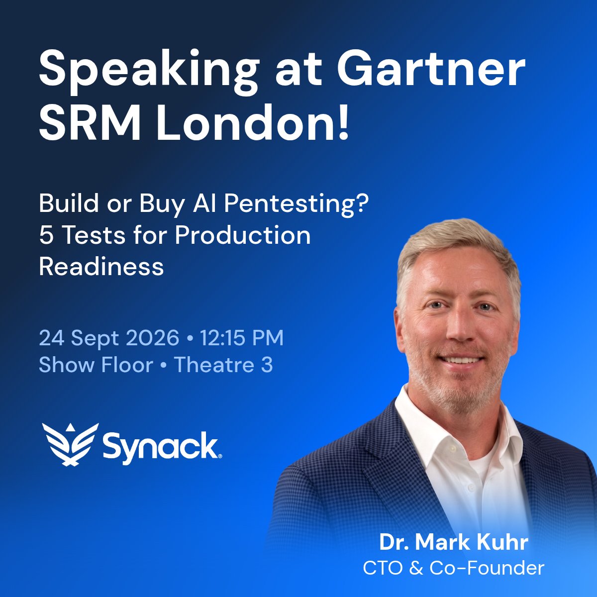 synack's tweet photo. Our Co-Founder &amp; CTO @MarkKuhr is speaking at GartnerSRM London!

Mark will present five tests for teams deciding whether to build or buy AI pentesting capabilities, covering orchestration, exploit verification, safety, model drift and human oversight. https://t.co/2etVSeocSg