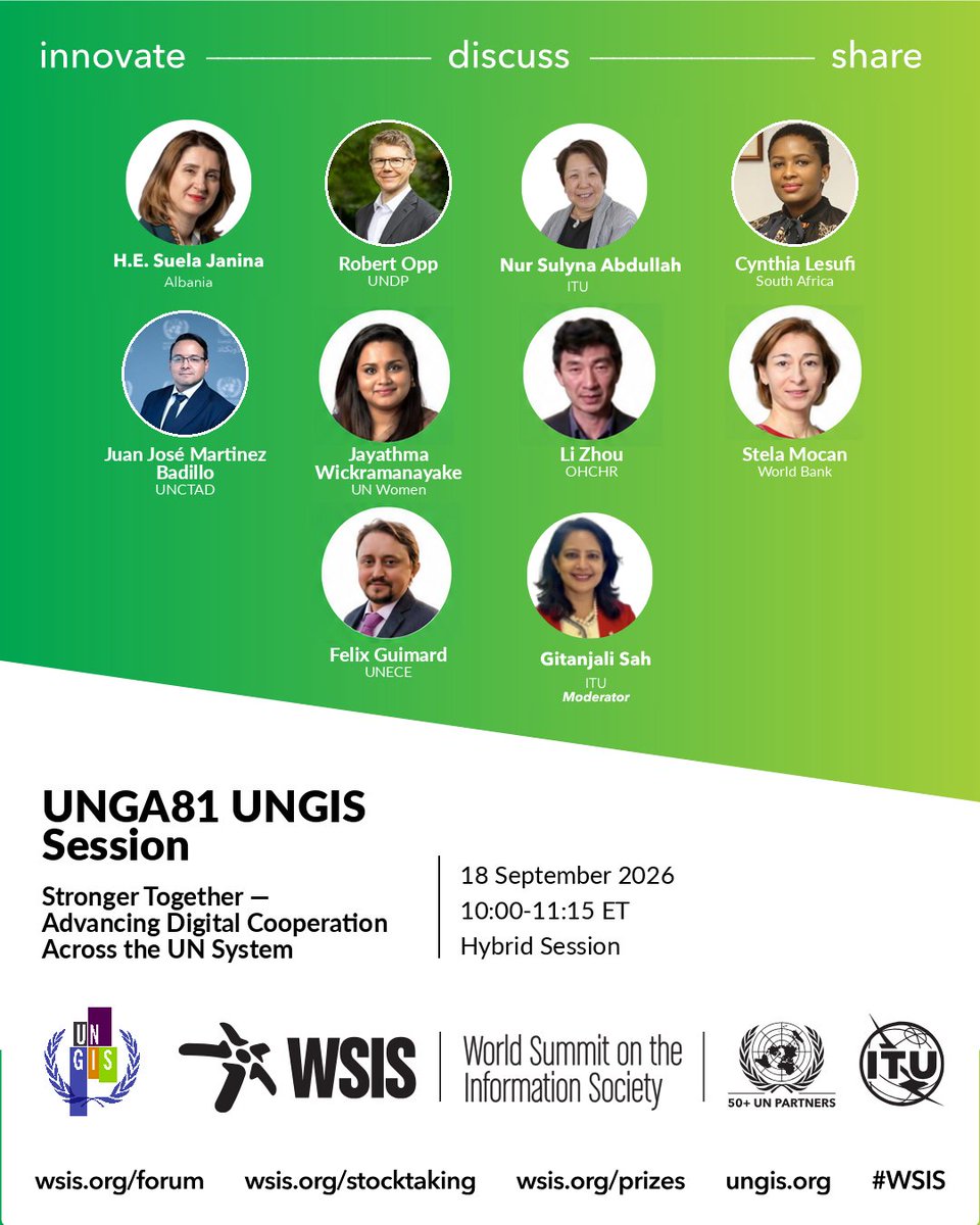 WSISprocess's tweet photo. 📢 Tomorrow at Amartya Sen Conference Room, @UNDP HQ, New York
UNGIS: Stronger Together 🌐
🗓️ 18 Sept | 10:00 EDT / 16:00 CEST
With @ITU @UNDP @UNCTAD @UN_Women @UNHumanRights @WorldBank @UNECE & Member States

🌍 Real inter-agency results on the ground

🧭 Coherence on #WSIS20 & the #GlobalDigitalCompact
🤝 Partnerships beyond the UN
🗓️ 18 Sept | 10:00 EDT / 16:00 CEST

Register here 👇
https://t.co/KbsFkzNyPY

For more details, please visit: https://t.co/kCRTmSdQsP

#WSIS #UNGA #UNGIS