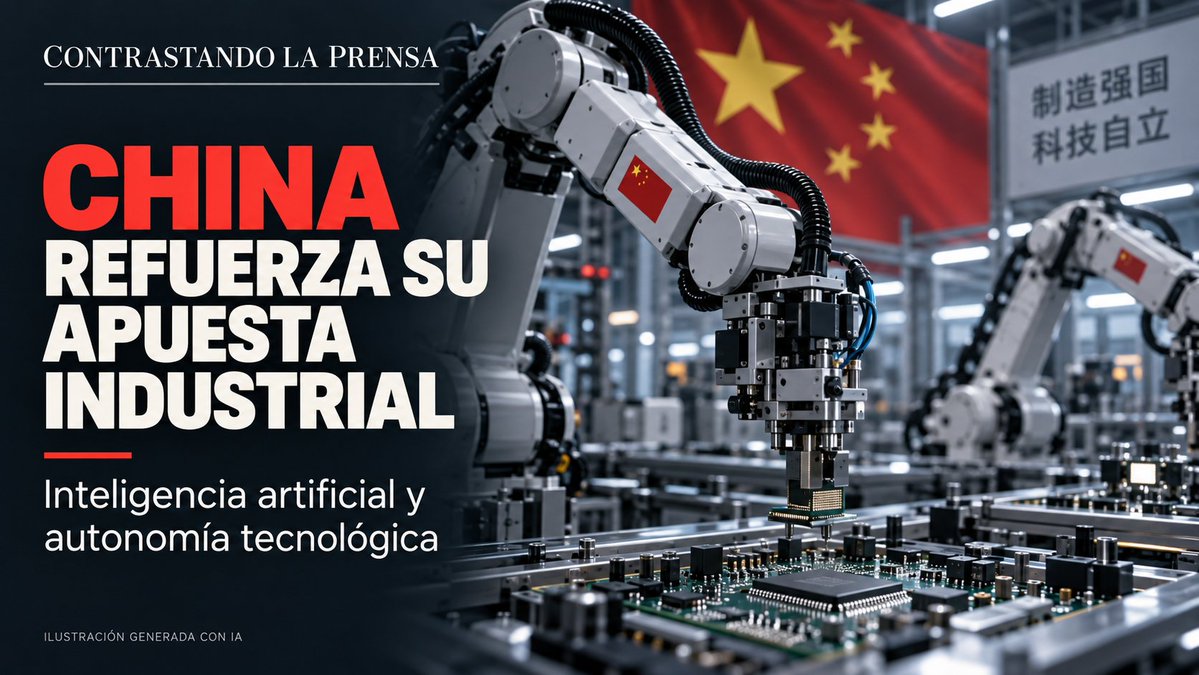 Contrastaprensa's tweet photo. 🇨🇳 China refuerza su apuesta industrial: fabricar tecnología propia y depender menos del exterior.

HECHO | En instrucciones difundidas hoy, 17 de septiembre, Xi Jinping ha pedido fortalecer la manufactura avanzada y hacer las cadenas industriales chinas más autónomas y resistentes a las crisis.
El primer ministro, Li Qiang, ha concretado una prioridad: integrar inteligencia artificial en las fábricas y acelerar su transformación digital, según la información oficial de Xinhua.

CONTEXTO | Esta estrategia viene de atrás. Pekín busca convertir la innovación tecnológica en capacidad industrial. Reuters sitúa el anuncio dentro del desplazamiento de recursos desde el sector inmobiliario hacia la industria avanzada.

Pero hay un interrogante: ese impulso productivo todavía no se traduce en mejoras equivalentes del consumo y los ingresos familiares.
ANÁLISIS | Para Europa, el desafío es competir con una potencia que busca controlar más tecnología y más etapas de producción. Puede abaratar productos y componentes, pero también aumentar la presión sobre los fabricantes europeos.

Para España, la pregunta es qué capacidad industrial y tecnológica queremos desarrollar y conservar.

MATIZ | Lo anunciado marca una dirección política. El comunicado no detalla un nuevo presupuesto ni demuestra que China haya alcanzado la autosuficiencia tecnológica.