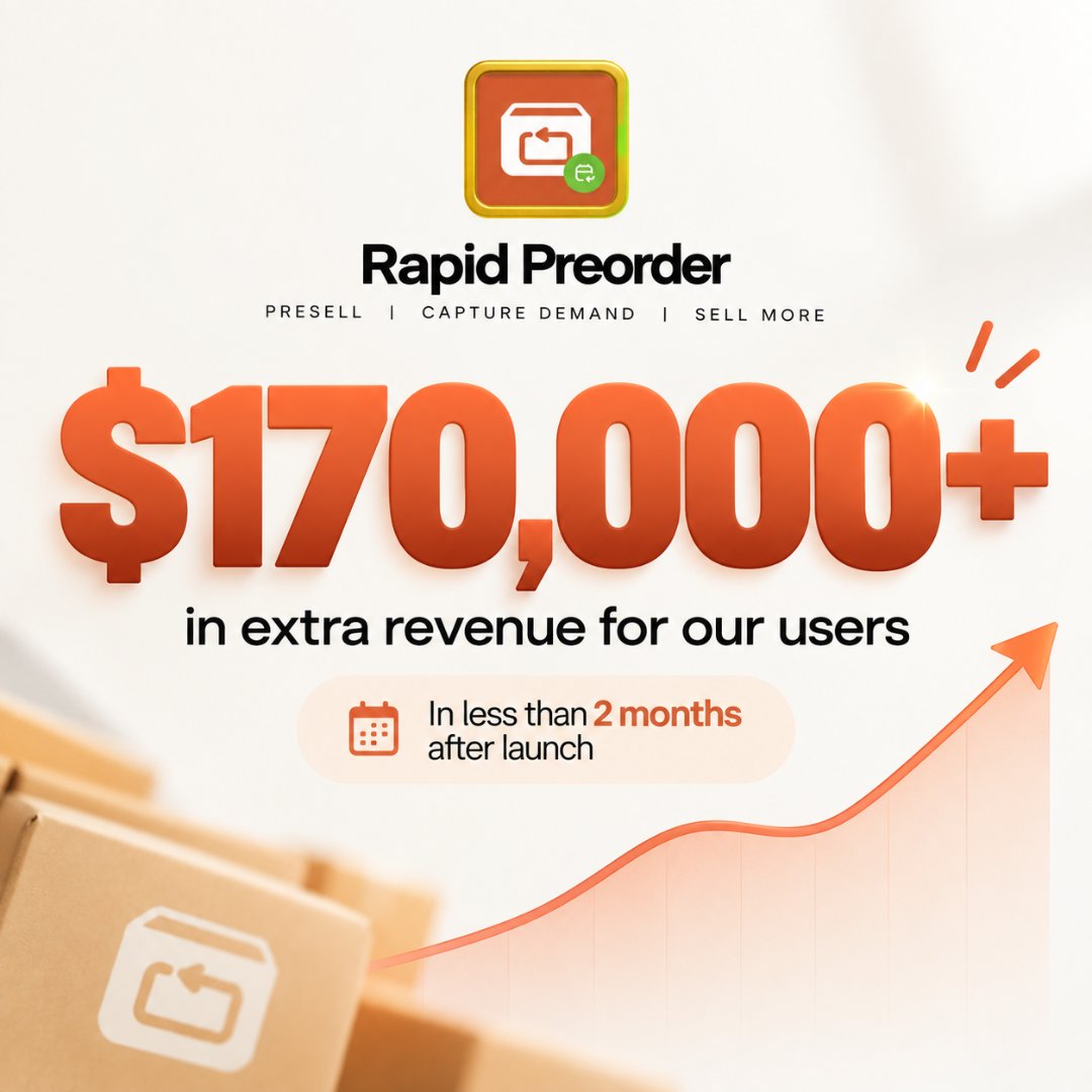 prosperagn7's tweet photo. A new milestone for Rapid Preorder...

$170K+ in extra revenue generated for our users in less than 2 months.

Don’t leave money on the table
if your product is out of stock? Put it on preorder 

The results have been incredible so far and we’re just getting started 🔥 https://t.co/chmOwYh2jU