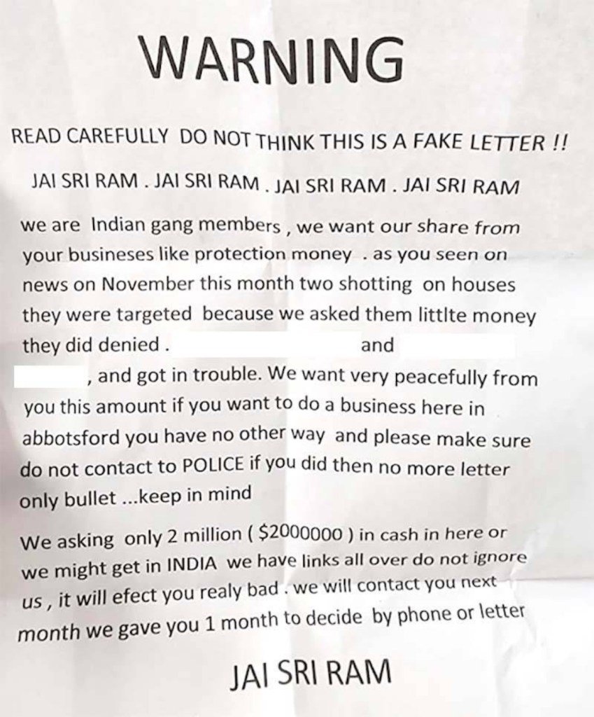 Anc_Aesthetics's tweet photo. An example of an extortion letter that a Canadian business  received from indian terrorists that the Canadian liberal government allowed into Canada under their version of the H-1B visa. https://t.co/aR47Hq7lV4