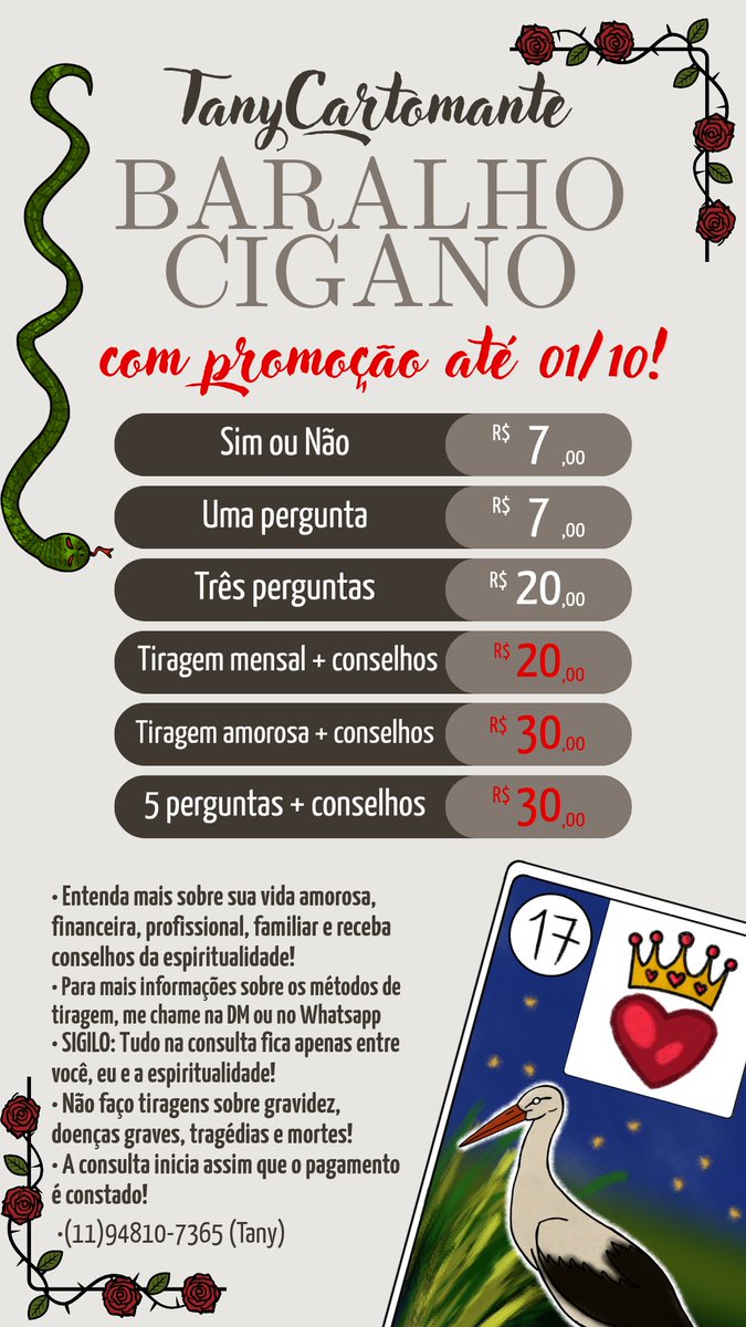 TanyCartomante's tweet photo. MESA ABERTA ATÉ ÀS 22H!
Até o final desses mês terá promoção aqui no meu perfil!
Chame no Whatsapp https://t.co/QBlnAFoIIR
🏷️ #Loatwt #cartomante #ldstwt #mesaaberta #baralhocigano #tiragem #tiragens #oraculo #cartomancia #amor #atendimento #cigana #noite #bruxa #namoro #quinta https://t.co/ktojRf49nk