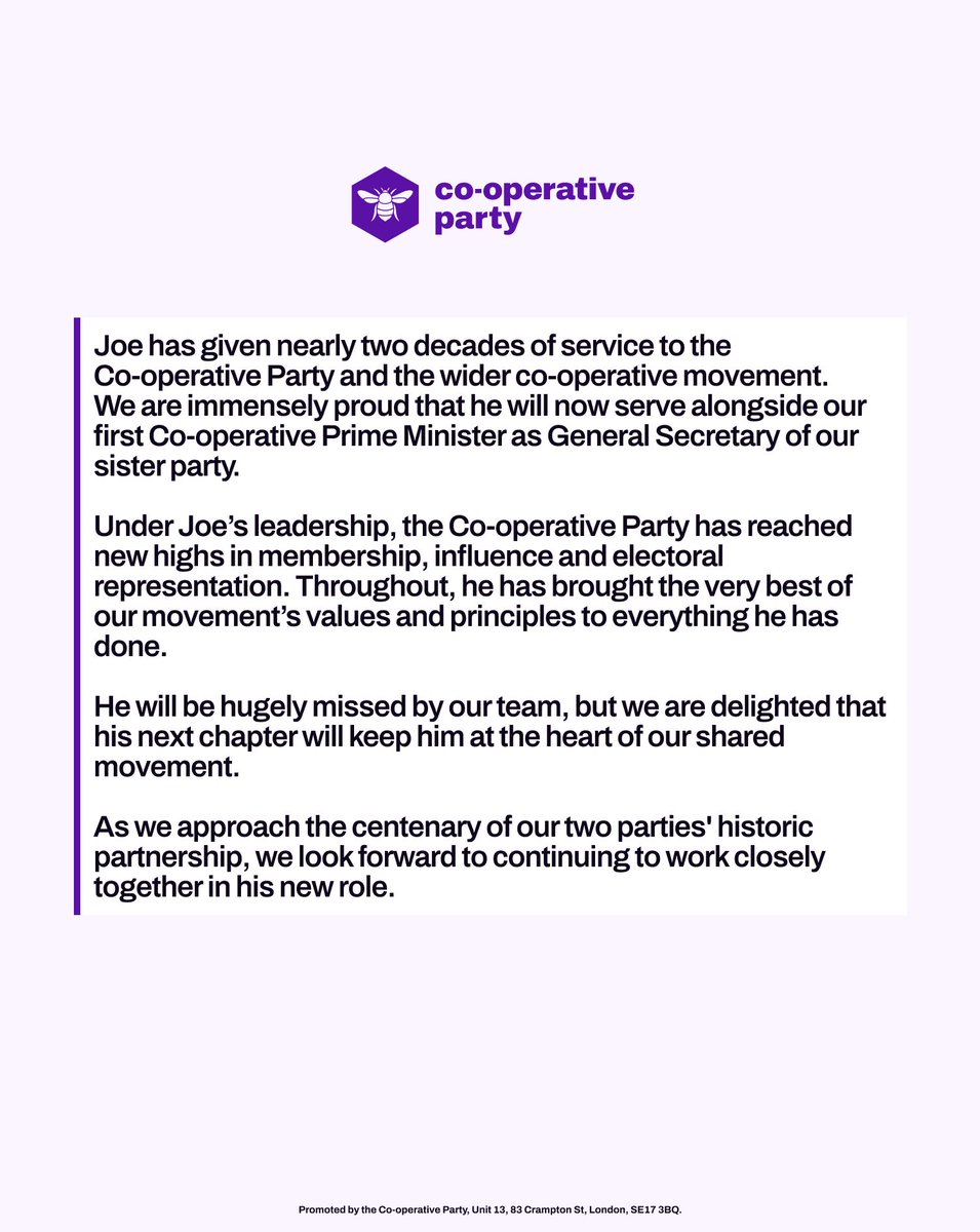 CoopParty's tweet photo. Our General Secretary @FortuneJF has given nearly two decades of service to our party and our movement. We are immensely proud he will now serve as General Secretary of our sister party, and we look forward to working closely with him in his new role.

See our full statement on Joe Fortune's appointment as the new General Secretary of the Labour Party.
