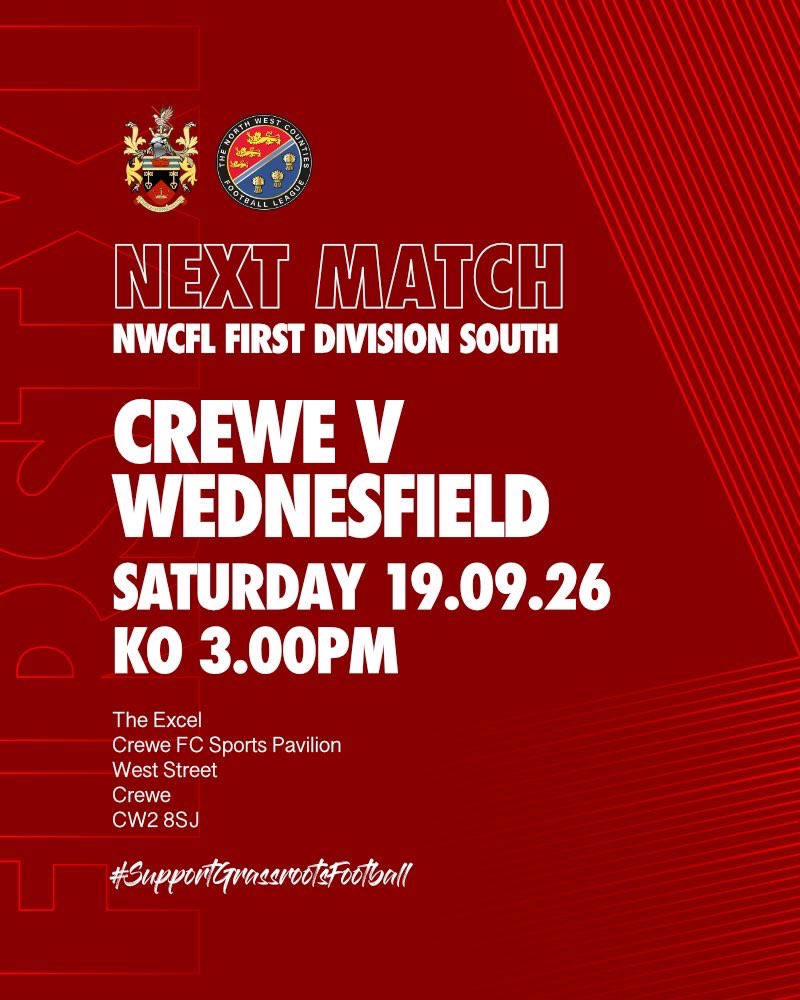 WednesfieldCFC's tweet photo. NEXT UP 🔜🔴

📆 Saturday 19th September

⏰ 3:00pm KO

📍 The Excel Sports Pavilion, West Street, Crewe, CW2 8SJ

💲 £5 Adults, £3 Concessions https://t.co/iSmDAFaUvW