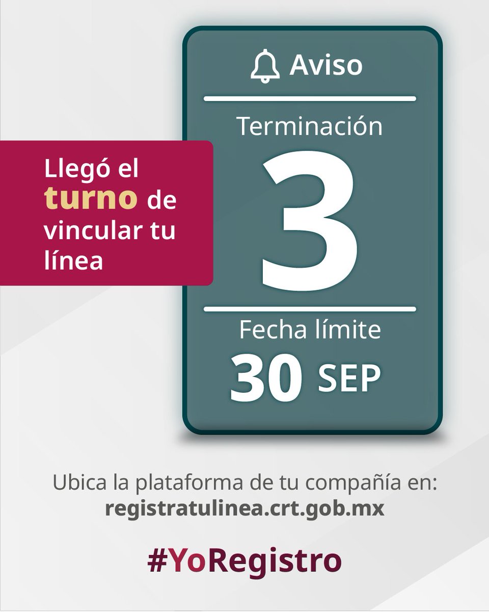 CRTGobMX's tweet photo. ¡Toca el turno de vincular el número 3️⃣! ☝️🤝

¿Tu línea termina en este dígito? Tienes hasta el 30 de septiembre para vincularla y mantener tu servicio activo.

Más seguridad para todos. Vincula tu línea con tu compañía celular.📲

Más información: https://t.co/5fdrUWqeql

#YoRegistro