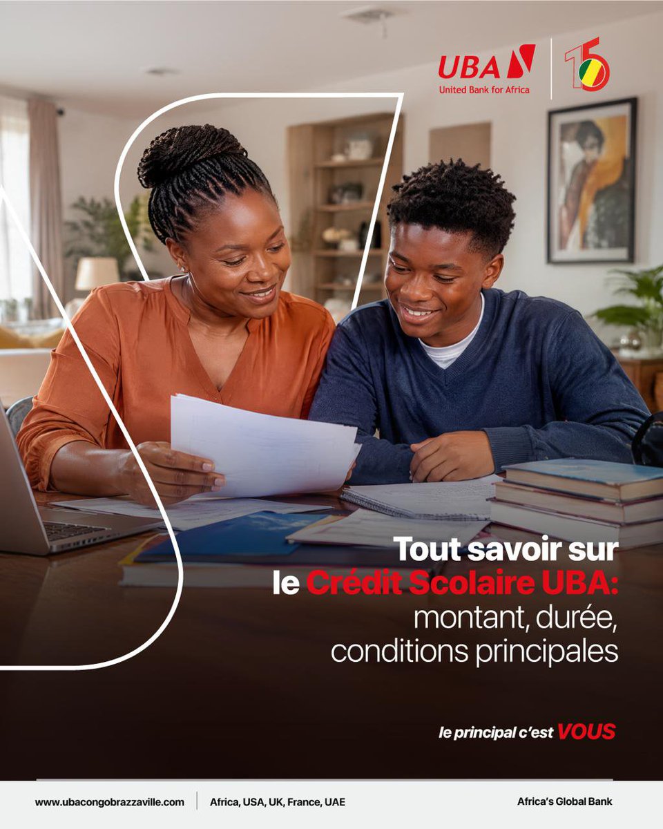 UBACongo's tweet photo. TOUT SAVOIR SUR LE CRÉDIT SCOLAIRE UBA

Vous préparez la rentrée ? Découvrez l’essentiel : 

💰 Montant : jusqu’à 5 000 000 FCFA
📅 Durée : jusqu’à 10 mois
📌 Condition principale : domiciliation du salaire à UBA Congo

- Traitement de la demande sous 1 semaine, sous réserve de l’éligibilité et des conditions applicables.

Besoin d’en savoir plus ? Rendez-vous en agence ou rapprochez-vous de votre gestionnaire.

#UBACongo #CreditScolaire #RentreeScolaire #AfricasGlobalBank