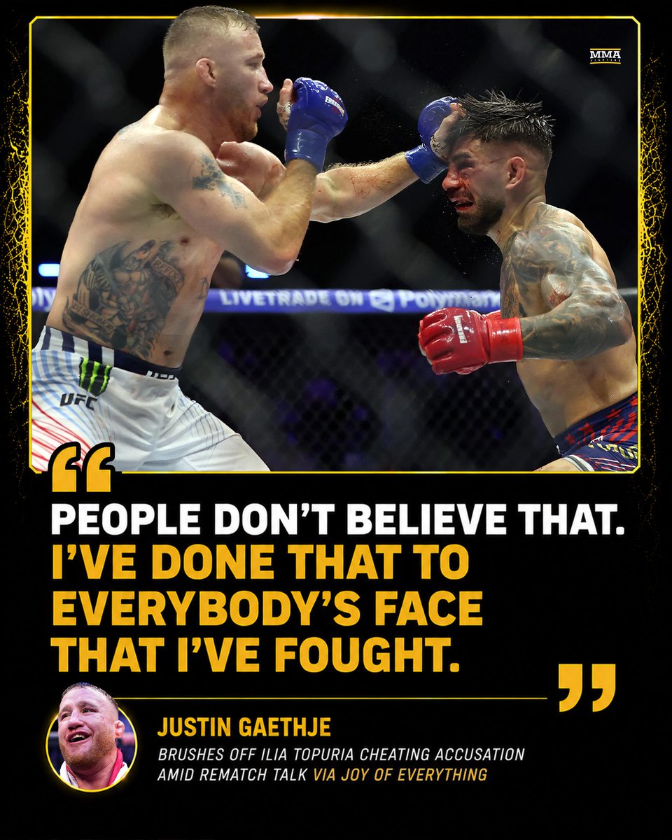 MMAFighting's tweet photo. Justin Gaethje brushes off Ilia Topuria cheating accusation amid rematch talk

📰 https://t.co/CEcW8afIRt https://t.co/xgzKf2a6sa