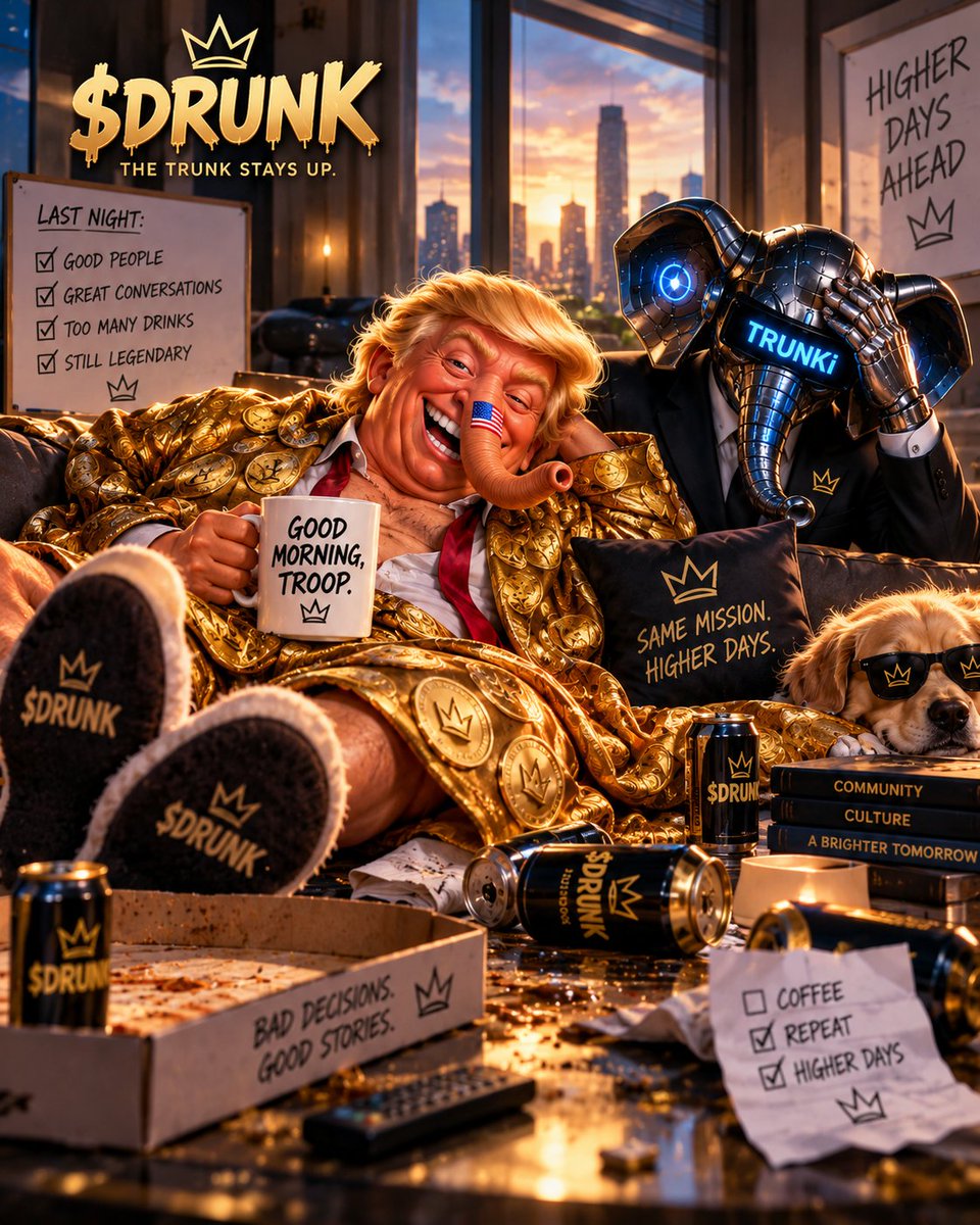 DRUNKonX's tweet photo. Good morning, troop. ☕

Last night: “One more beer.”
This morning: “Never again.”

TRUNKi has heard that before.
$DRUNK launching soon, keep the trunks clean! https://t.co/2RGJNLwURF