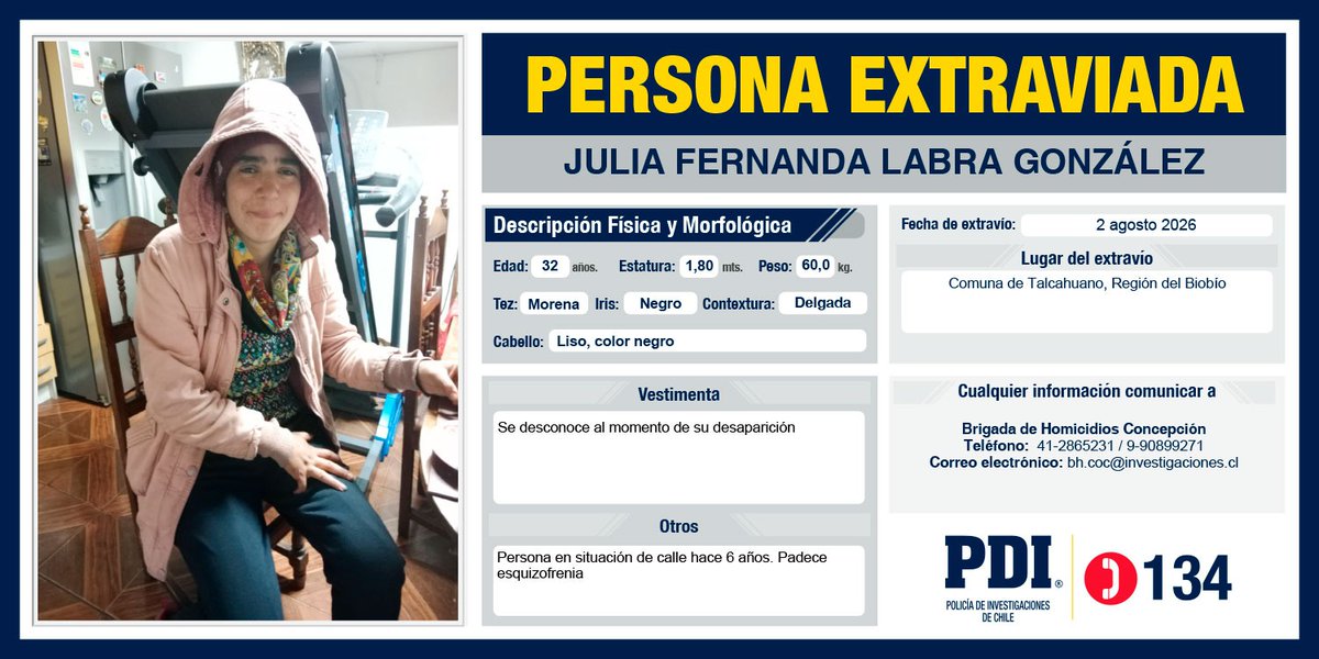 PDI_CHILE's tweet photo. ⭕️Ayúdanos a encontrar a:   Julia Fernanda LABRA GONZÁLEZ, desaparecida el 2 de agosto de 2026 en la comuna de Talcahuano, Región del Biobío.
 Más detalles en: https://t.co/lcagZJ8lC8 https://t.co/1tWvKFhXc6