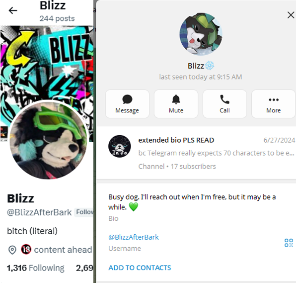 PartDoggo's tweet photo. TW - P*do, Cub, Zoo, Feral, Babyfur
 
 There is something I need to talk about. I got sent the telegram chat logs of Blizz a 23 year old where he tried to meet up for an "orgy" with a 15 year old furry at the Furpoc and ANE furry conventions in 2025

1/6 https://t.co/RtsXpV4jTV