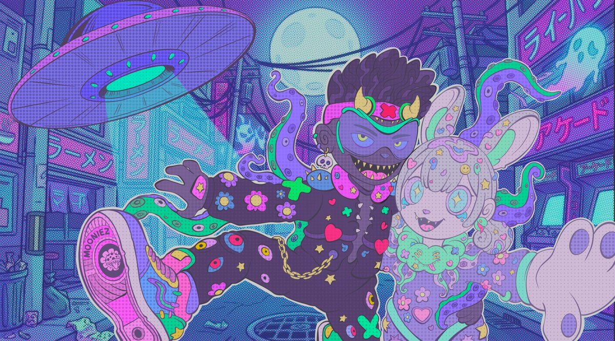 Two Mooniez hugging while being chased by a UFO