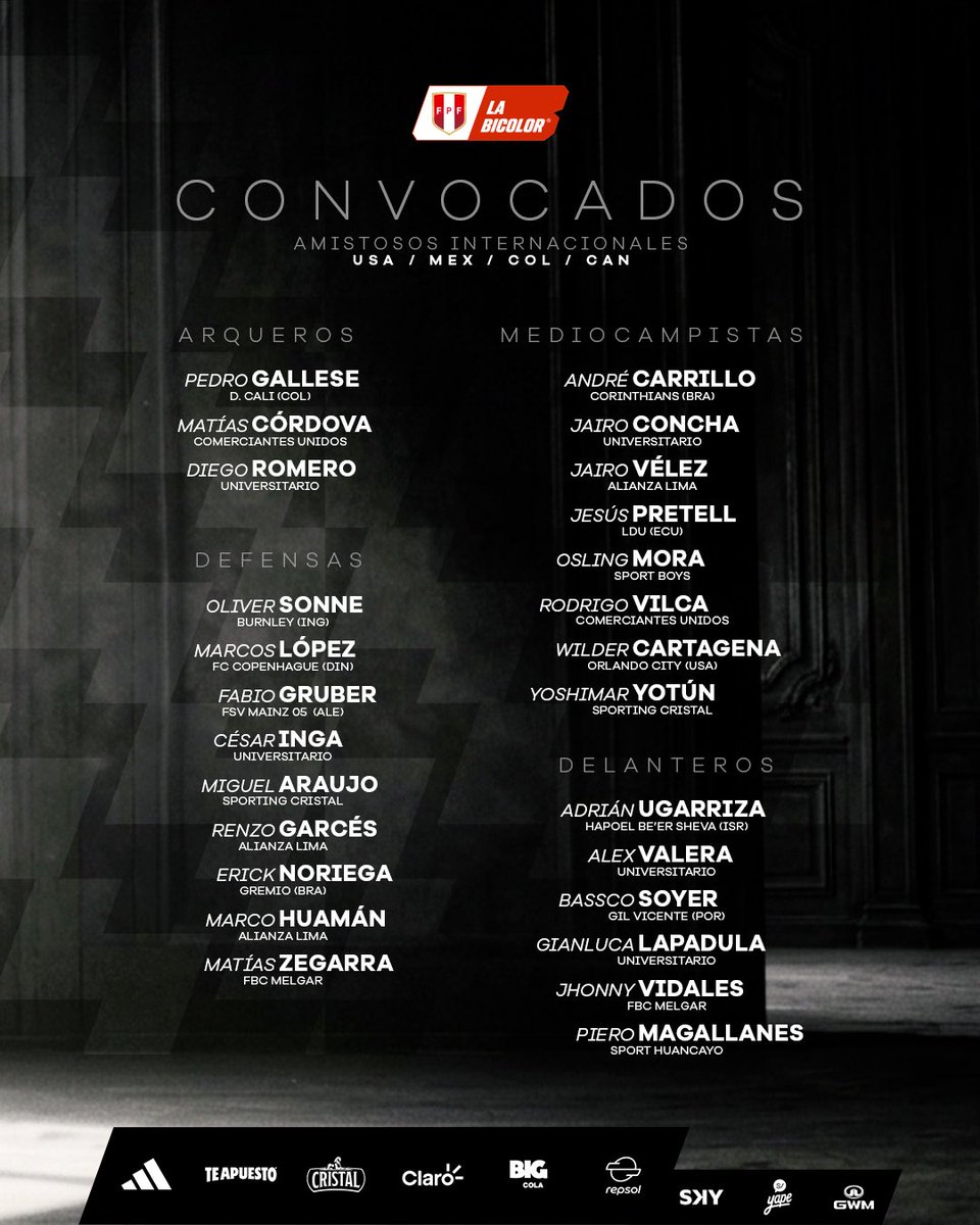 SeleccionPeru's tweet photo. 𝗧𝗼𝗱𝗼𝘀 𝗹𝗹𝗮𝗺𝗮𝗱𝗼𝘀 𝗽𝗼𝗿 #𝗟𝗮𝗕𝗶𝗰𝗼𝗹𝗼𝗿🇵🇪⚽️

Presentamos la lista de convocados de #LaBicolor para los amistosos internacionales frente a EEUU 🇺🇸, México 🇲🇽, Canadá 🇨🇦 y Colombia 🇨🇴. 🔥

#UnSentimientoQueNosUne https://t.co/6aPuhMARuh