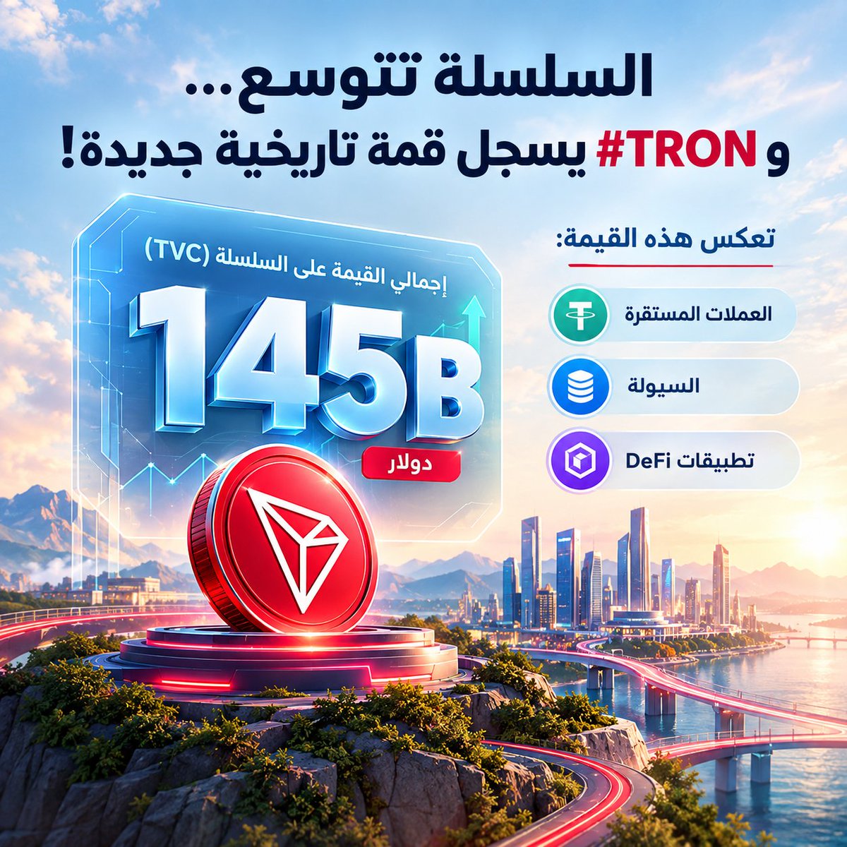 G8TQ6's tweet photo. السلسلة تتوسع… و#TRON يسجل قمة تاريخية جديدة

في 15 سبتمبر، وصل إجمالي القيمة على السلسلة (TVC) في TRON إلى 145 مليار دولار، محققًا أع��ى مستوى له على الإطلاق. 📈

لكن أهمية الرقم لا تكمن في حجمه فقط، بل فيما يعكسه من قيمة ونشاط اقتصادي داخل الشبكة.

وتشمل هذه القيمة:

- العملات المستقرة
- السيولة
- تطبيقات DeFi
- حركة الأصول

كلما ارتفعت القيمة على السلسلة، اتضحت قدرة الشبكة على دعم نشاط اقتصادي أكبر وتوسيع منظومتها.

لذلك، فإن بلوغ 145 مليار دولار ليس مجرد رقم قياسي، بل مؤشر مهم على نمو منظومة #TRON وتوسع النشاط داخلها.

🚀 الأرقام تتغير… لكن الاتجاه هو ما يستحق المتابعة.

#TGF #TRON
#TRONGlobalFriends