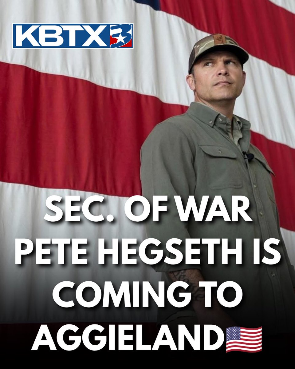 RustySuretteTV's tweet photo. 🇺🇸 IT’S OFFICIAL: Pete Hegseth is coming to College Station.

The Department of War confirmed Secretary Pete Hegseth will travel to Texas, with stops planned in Austin and College Station.

The visit is part of Hegseth’s ongoing “Arsenal of Freedom” tour, which has focused on America’s military, defense industry and national security.

That means one of the highest-ranking members of President Donald Trump’s administration will soon be making a stop right here in Aggieland.

Secretary Hegseth will deliver remarks to the Corps of Cadets at Texas A&M University and tour the Veterans Resource Center. Secretary Hegseth will attend the Texas A&M vs. University of Kentucky football game, where the university will honor POW/MIA.