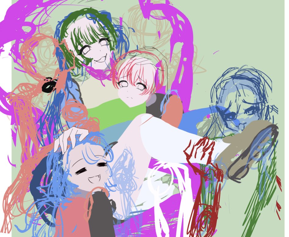 YuAlo's tweet photo. せっかくだからビオラちゃんが最高に輝いてる様子の絵を描こうと思ったんだけど同じ空間に6人収めるのが大変すぎて後悔し始めてるw https://t.co/Nk31D4ZFSU
