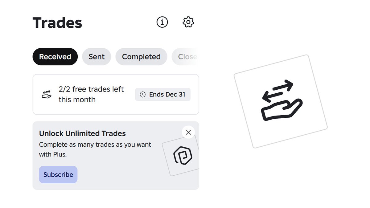 Bloxy_News's tweet photo. Roblox is allowing non-Plus subscribers to complete 2 Trades for free per month through the end of 2026. https://t.co/kXvJ8aaAuw