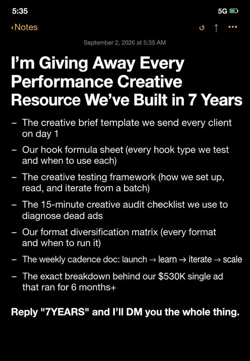 RadovanovicD99's tweet photo. I'm giving away every performance creative resource we've built in 7 years.

Every system, template, and framework in one drop.

For context

These are the same systems running behind 3,000+ ads/month and $10M+ in ad spend for our partners right now.

Inside:

- The creative brief template we send every client on day 1
- Our hook formula sheet every hook type we test and when to use each
- The creative testing framework, how we set up, read, and iterate from a batch
- The 15-minute creative audit checklist we use to diagnose dead ads
- Our format diversification matrix every format and when to run it
- The weekly cadence doc: launch → learn → iterate → scale

The exact breakdown behind our $530K single ad that ran for 6 months+

As I said

This is the actual system behind our results, not a repackaged course.

Whether you're 

a) launching your first ad account or 
b) already spending $50K+/month and plateaued, it's all in here.

Everything you need to stop guessing on creative.

Reply "7YEARS" and I'll DM you the whole thing.